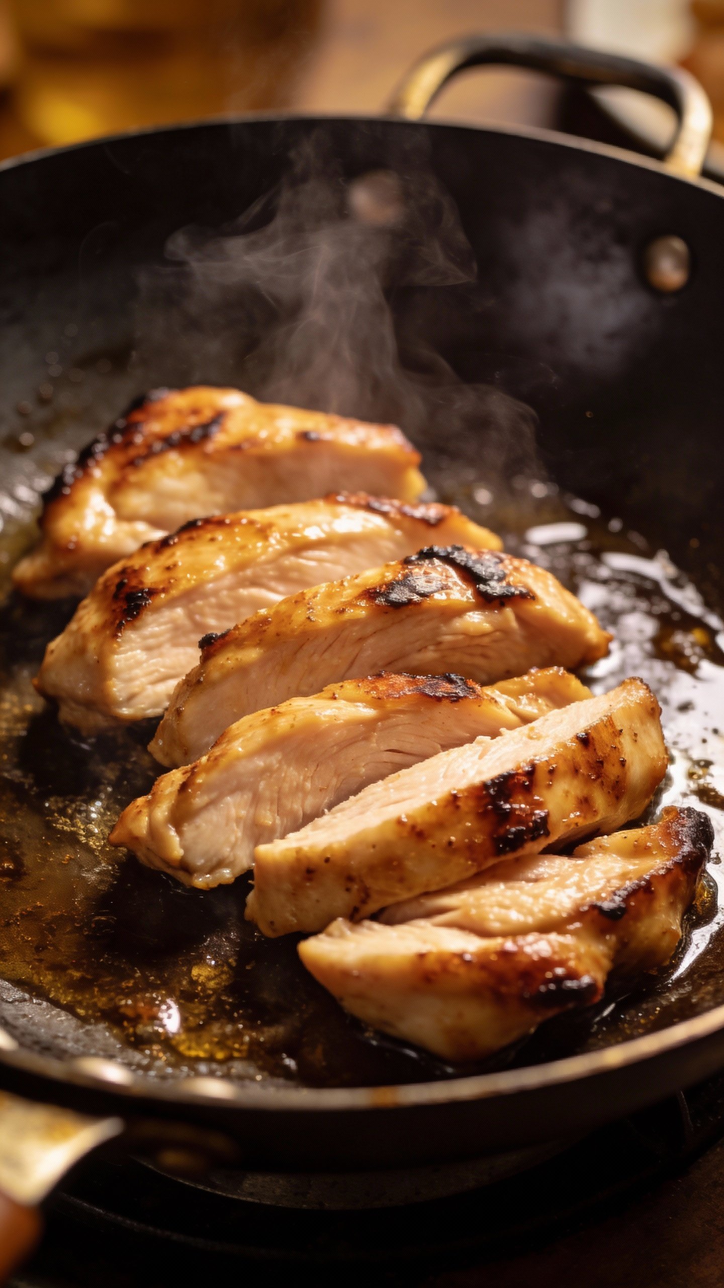 seared chicken thigh slices in wok, steam rising
