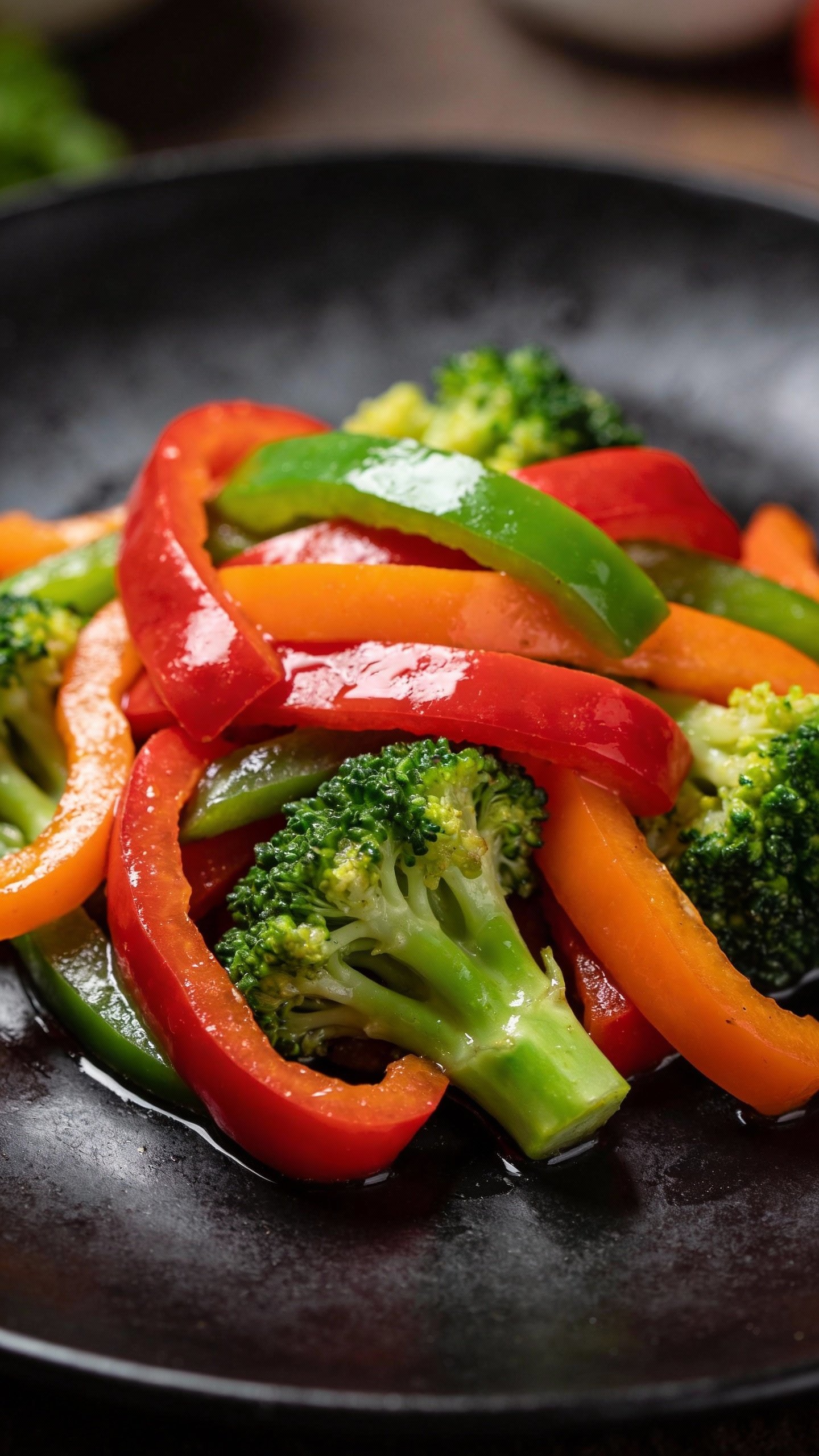 vibrant bell pepper and broccoli stir fry on black plate