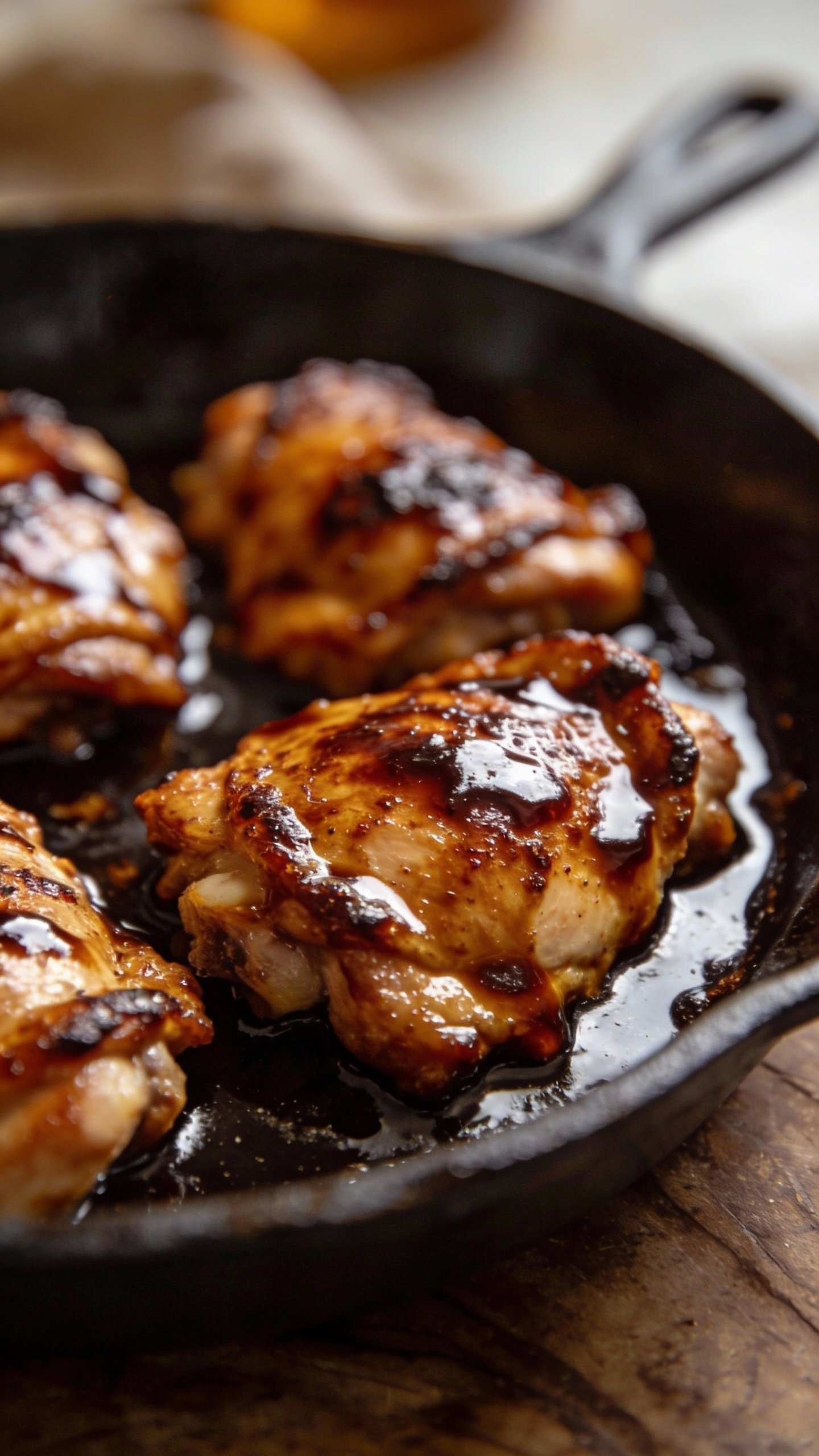 closeup skillet of balsamic-glazed chicken thighs, glossy reduction