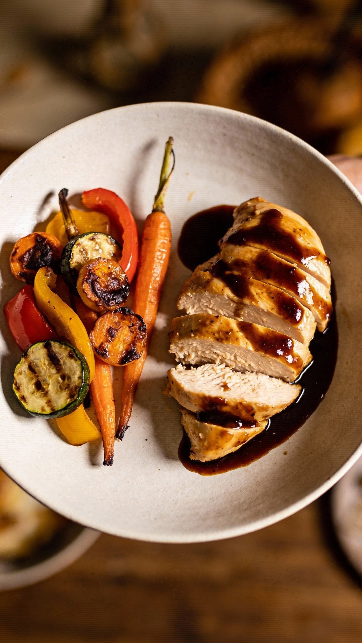 single plate of balsamic chicken with roasted vegetables, overhead