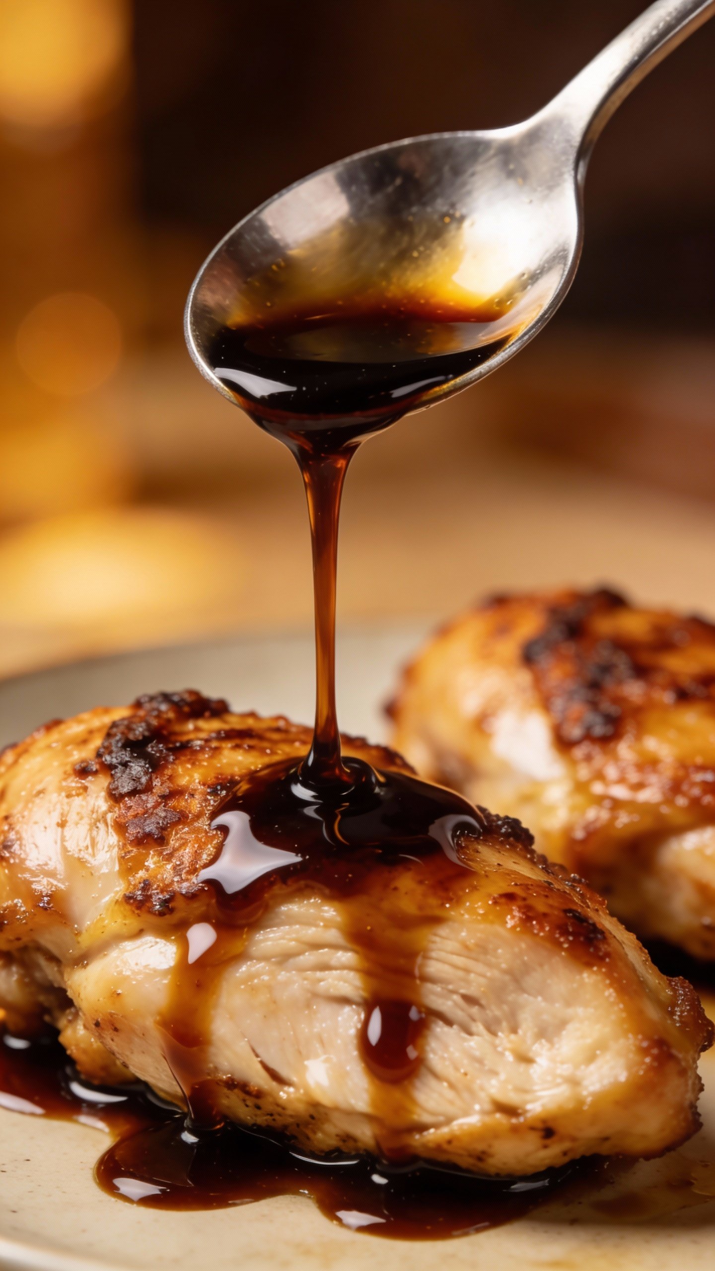 closeup spoon dripping balsamic reduction over seared chicken thigh