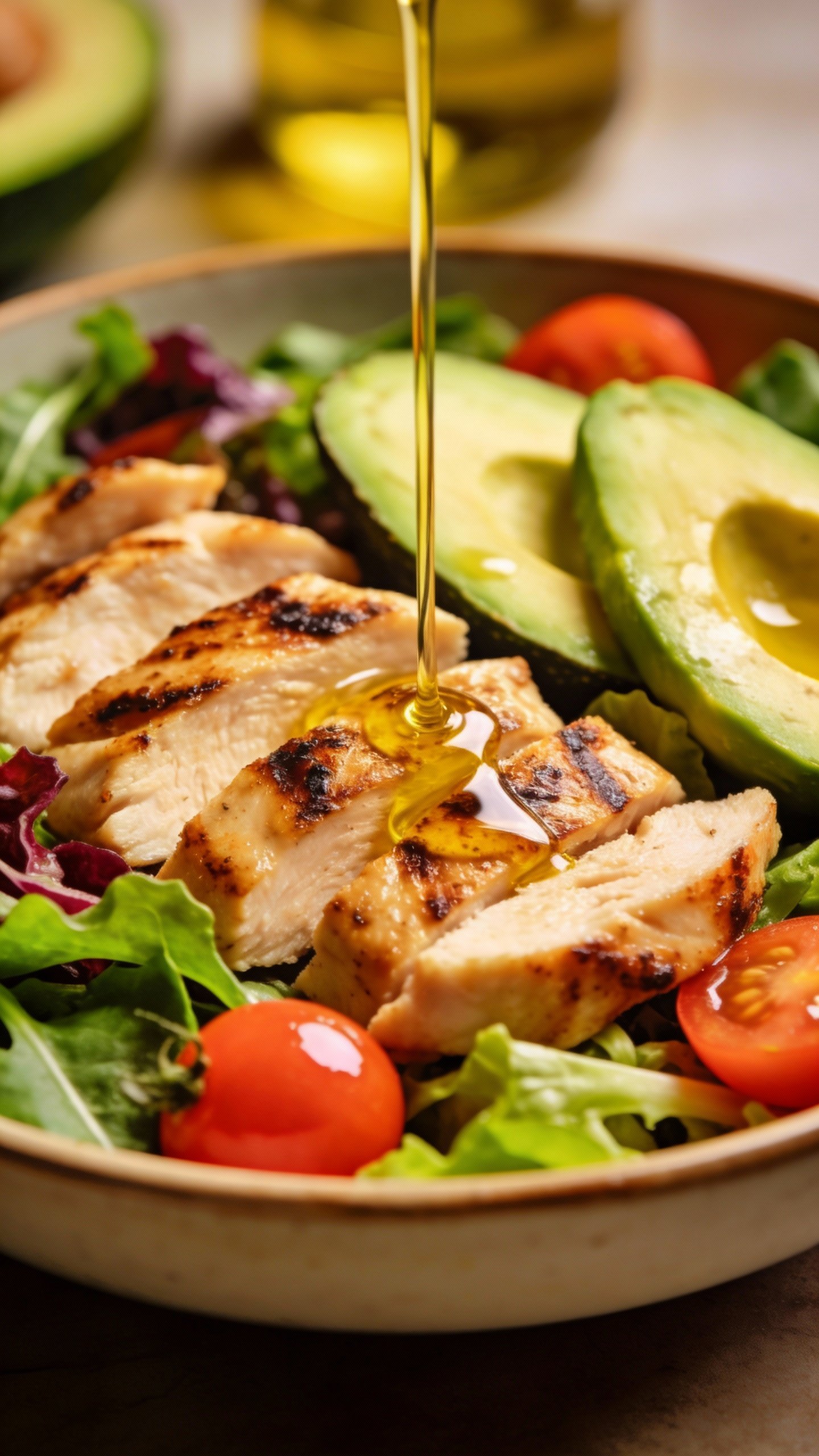 closeup low-carb power bowl with grilled chicken and avocado