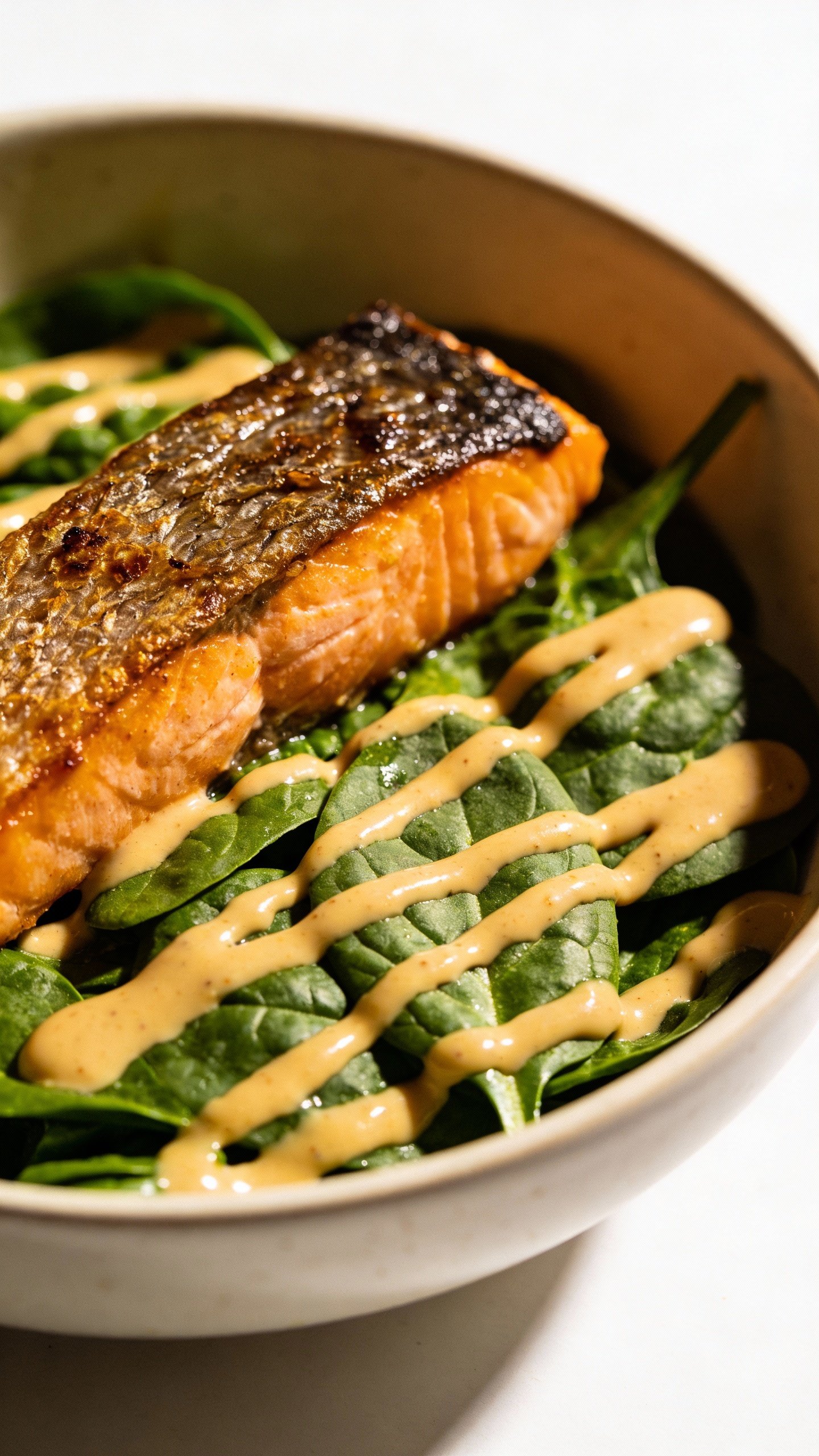 spinach base power bowl topped with seared salmon, tahini drizzle