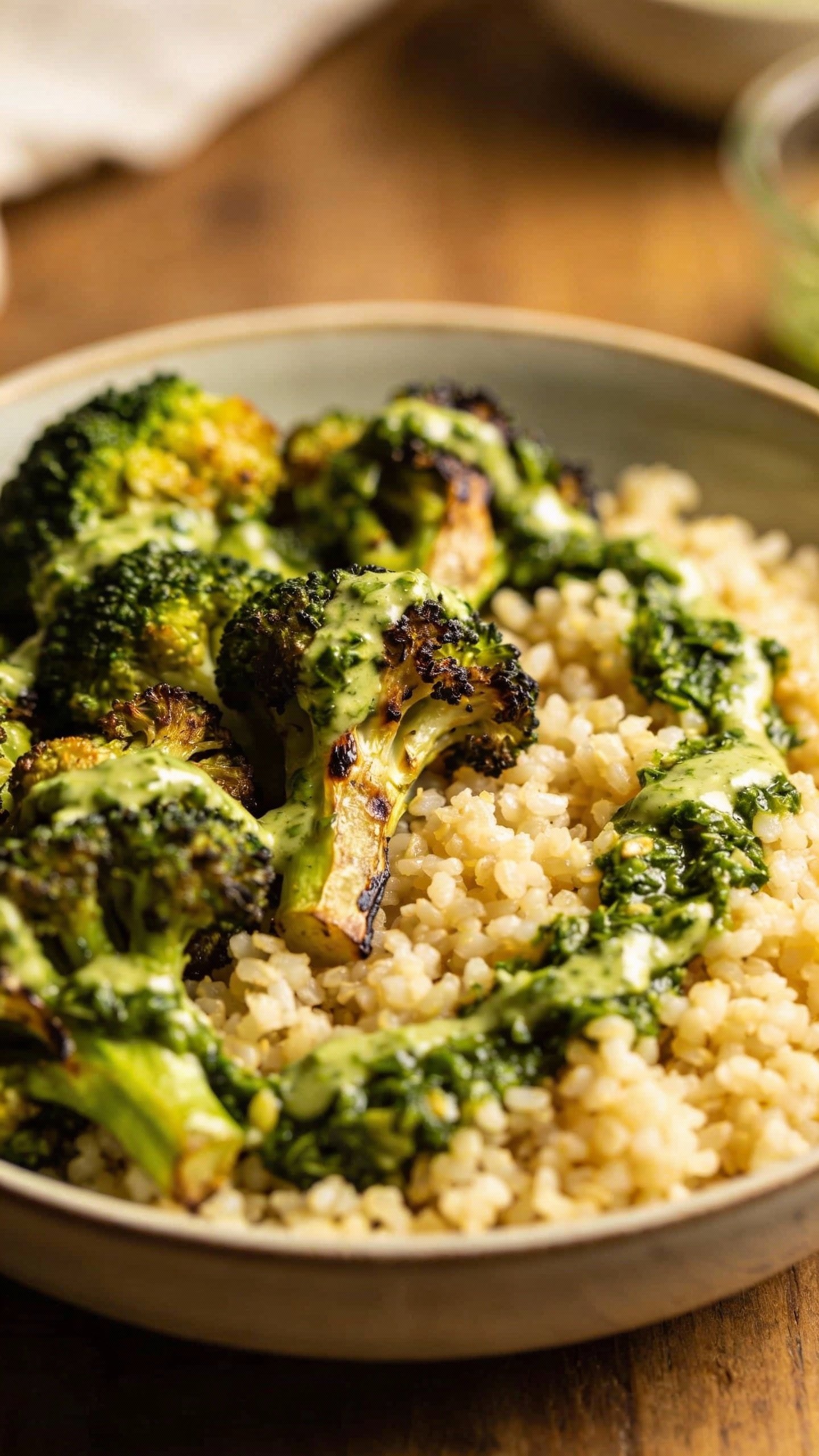 cauliflower rice power bowl with roasted broccoli and chimichurri