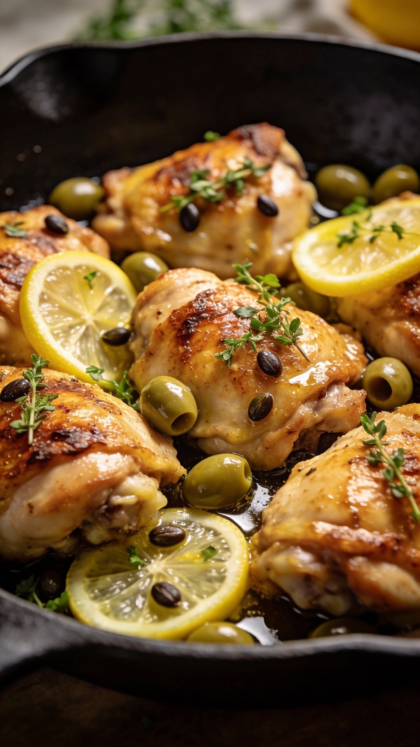closeup skillet of lemon olive Mediterranean chicken thighs