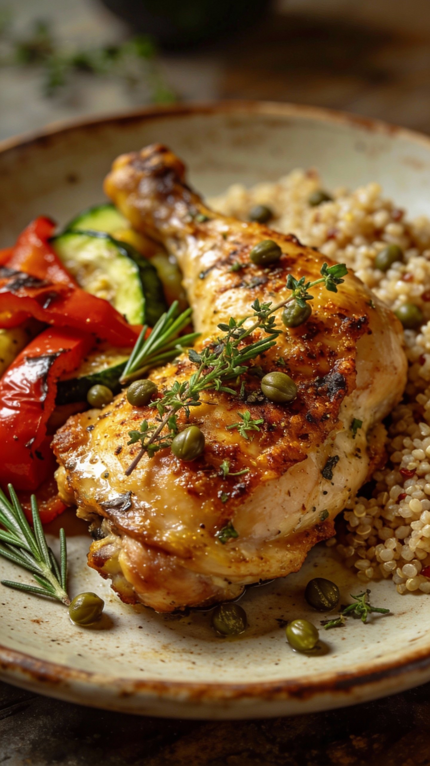 single plate of herbed Mediterranean chicken with capers