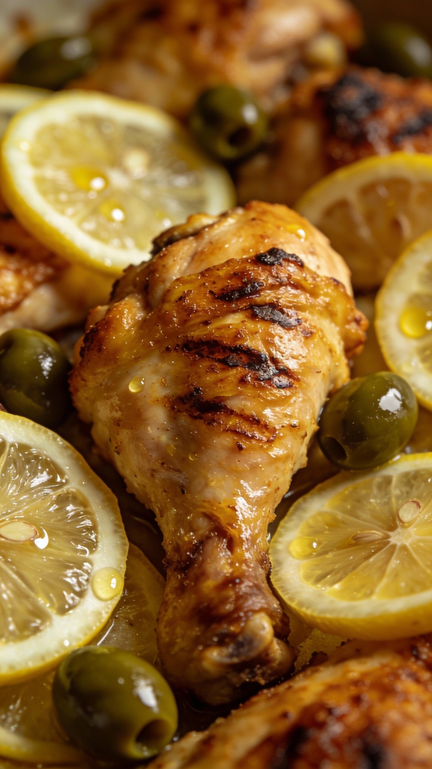 closeup roasted chicken thigh with lemon slices and olives