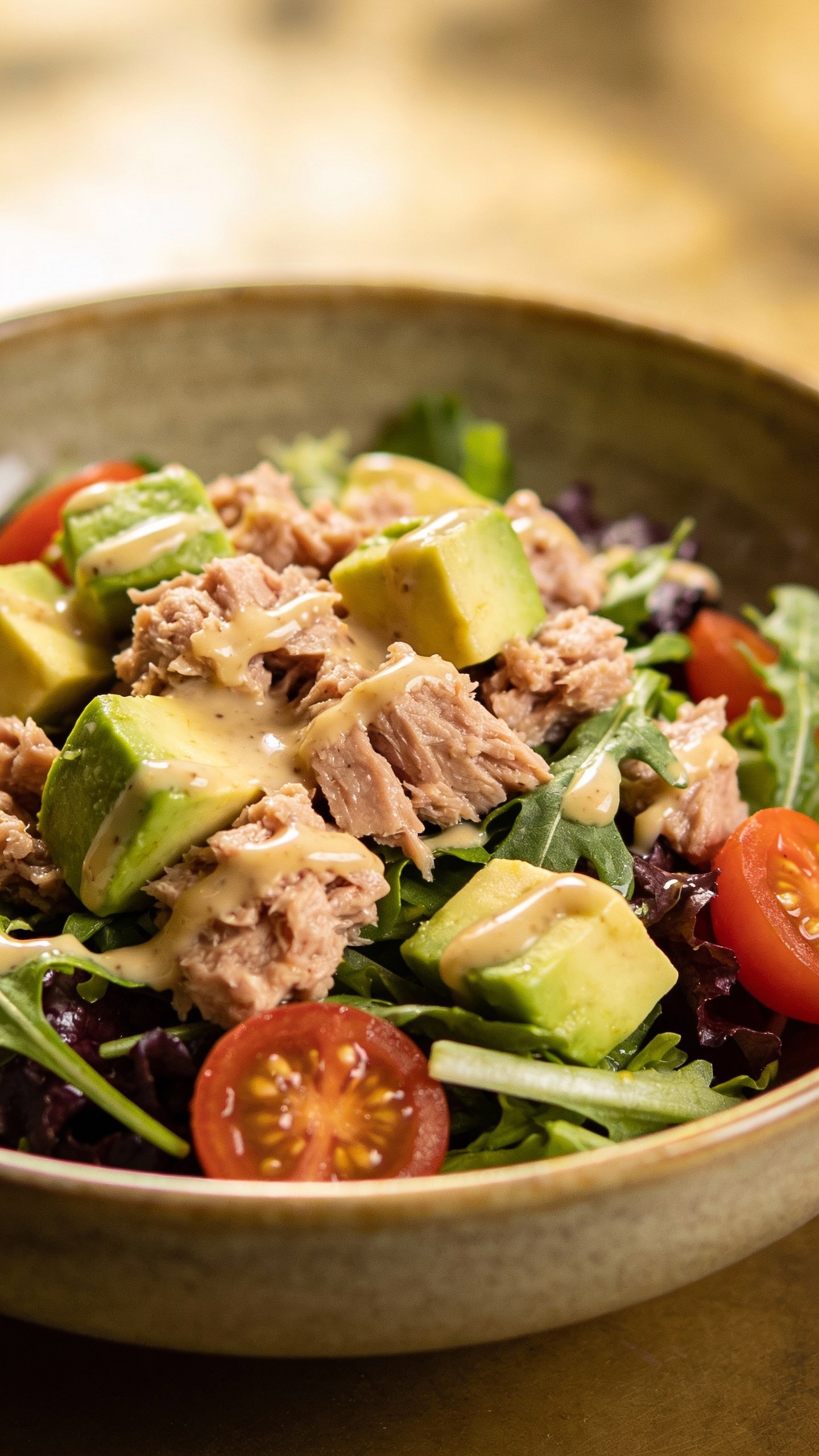 closeup bowl of tuna avocado salad on matte ceramic