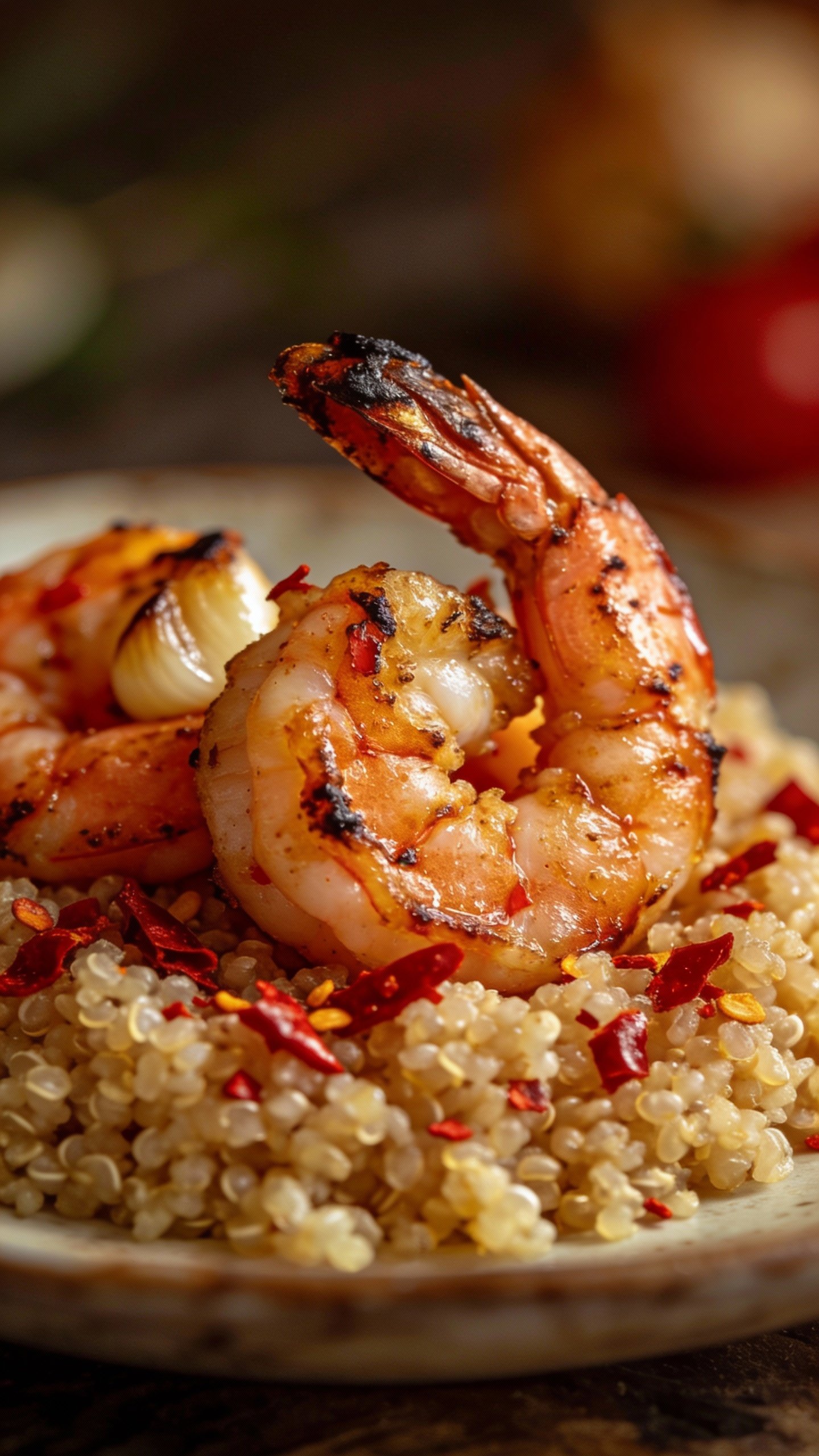 seared garlic shrimp on quinoa base, chili flakes, shallow depth