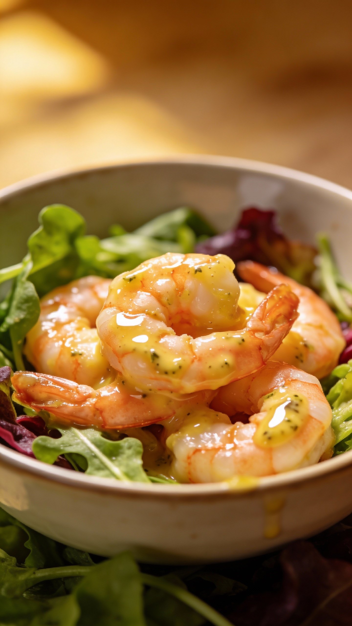 garlic shrimp bowl on mixed greens, glossy butter-garlic sauce