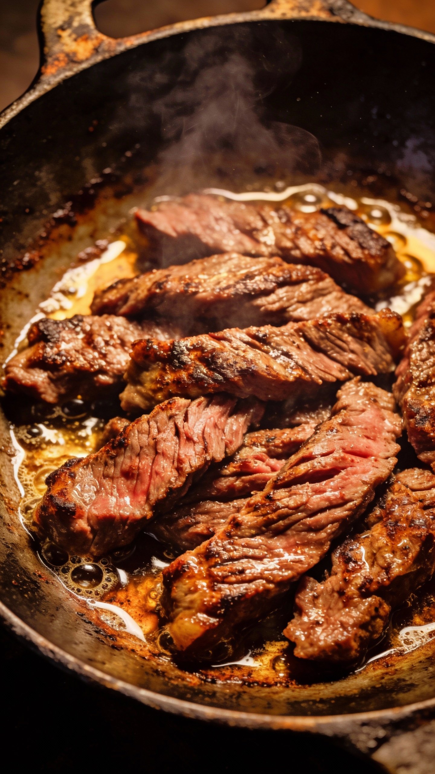 closeup of sizzling skirt steak strips in cast-iron skillet