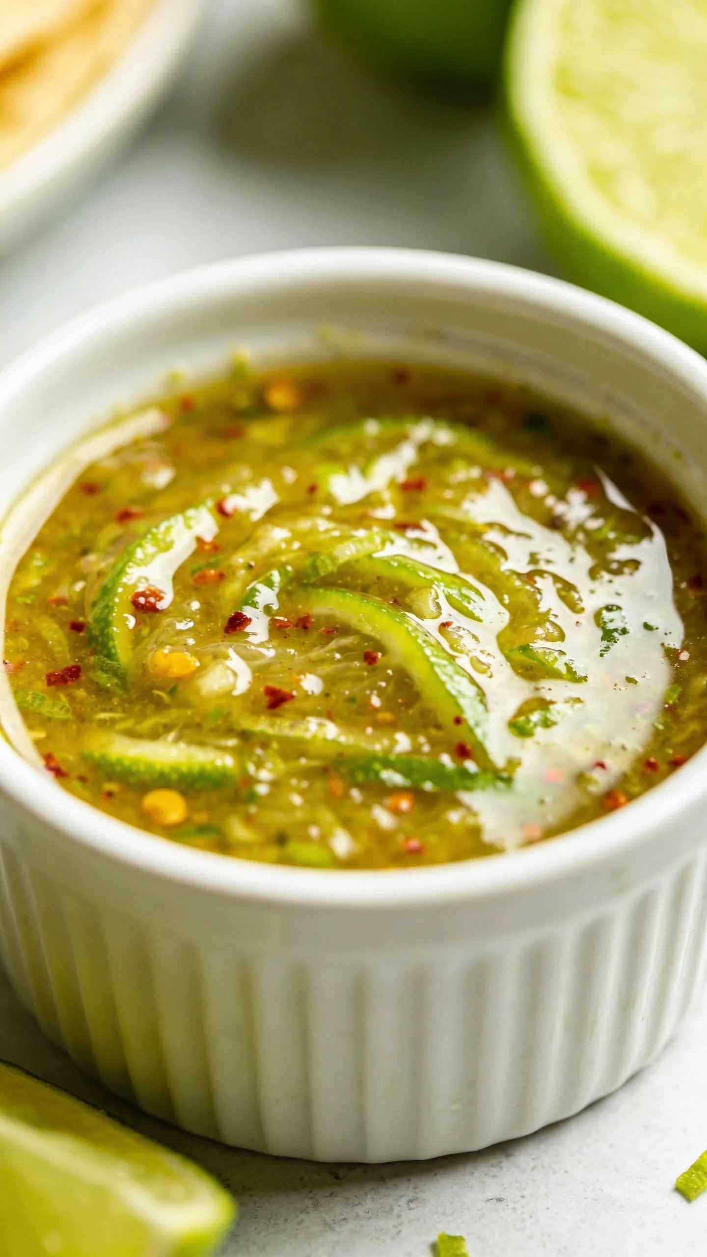 small ramekin of lime-spiked fajita marinade, overhead shot