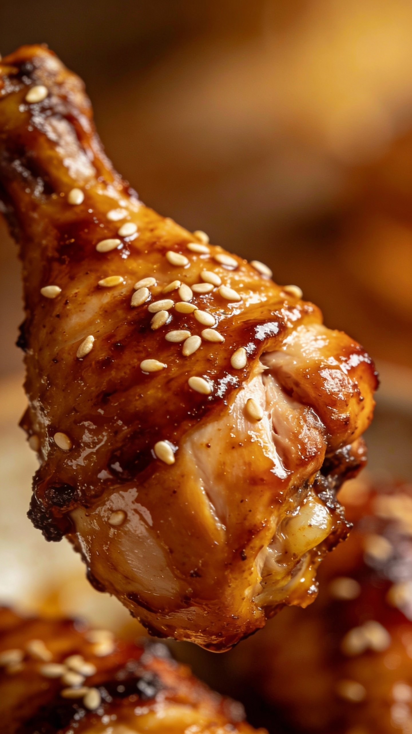 closeup teriyaki chicken thigh glazed, sesame seeds, glossy sauce