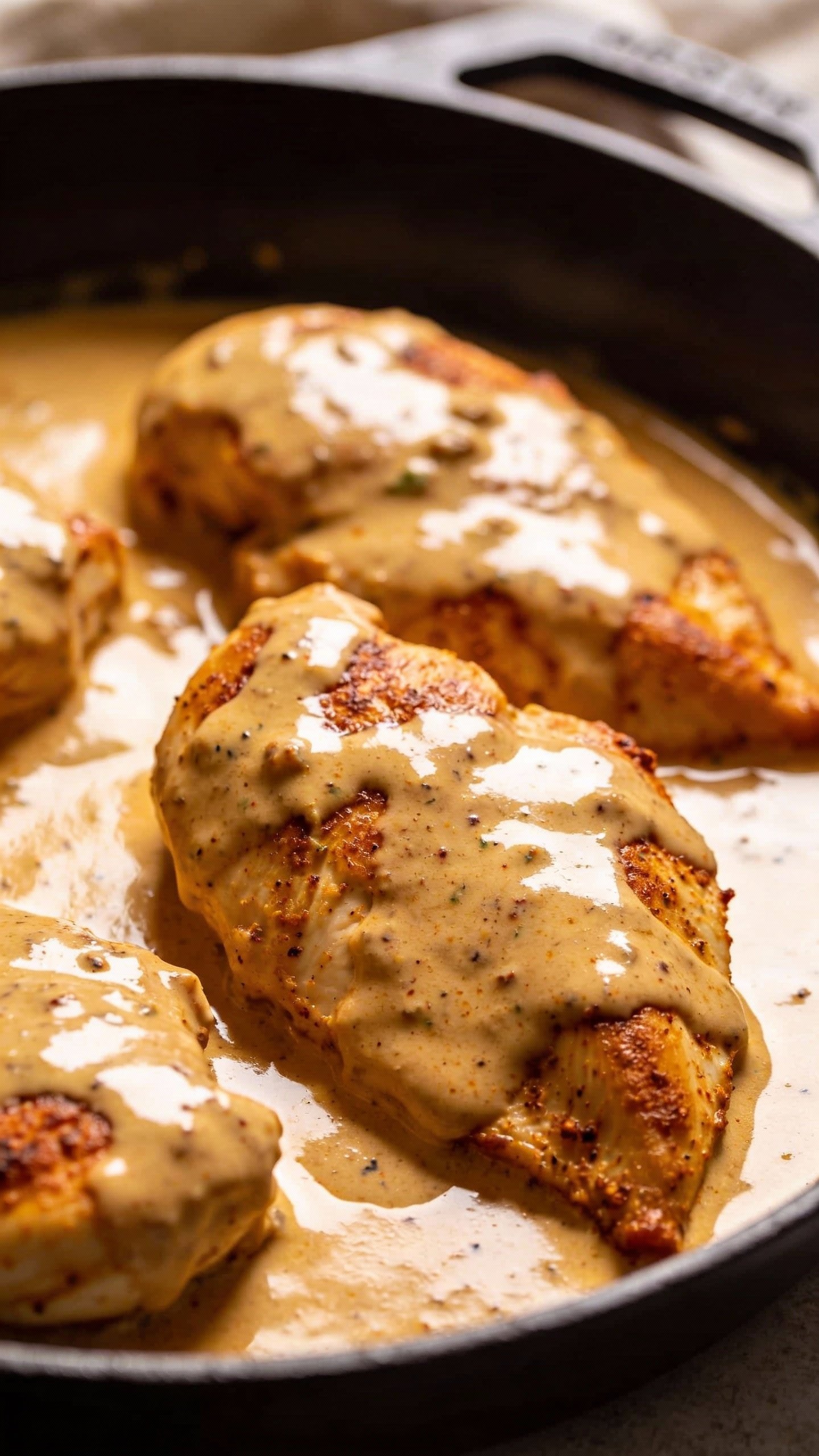Skillet creamy Cajun chicken breast, saucy closeup