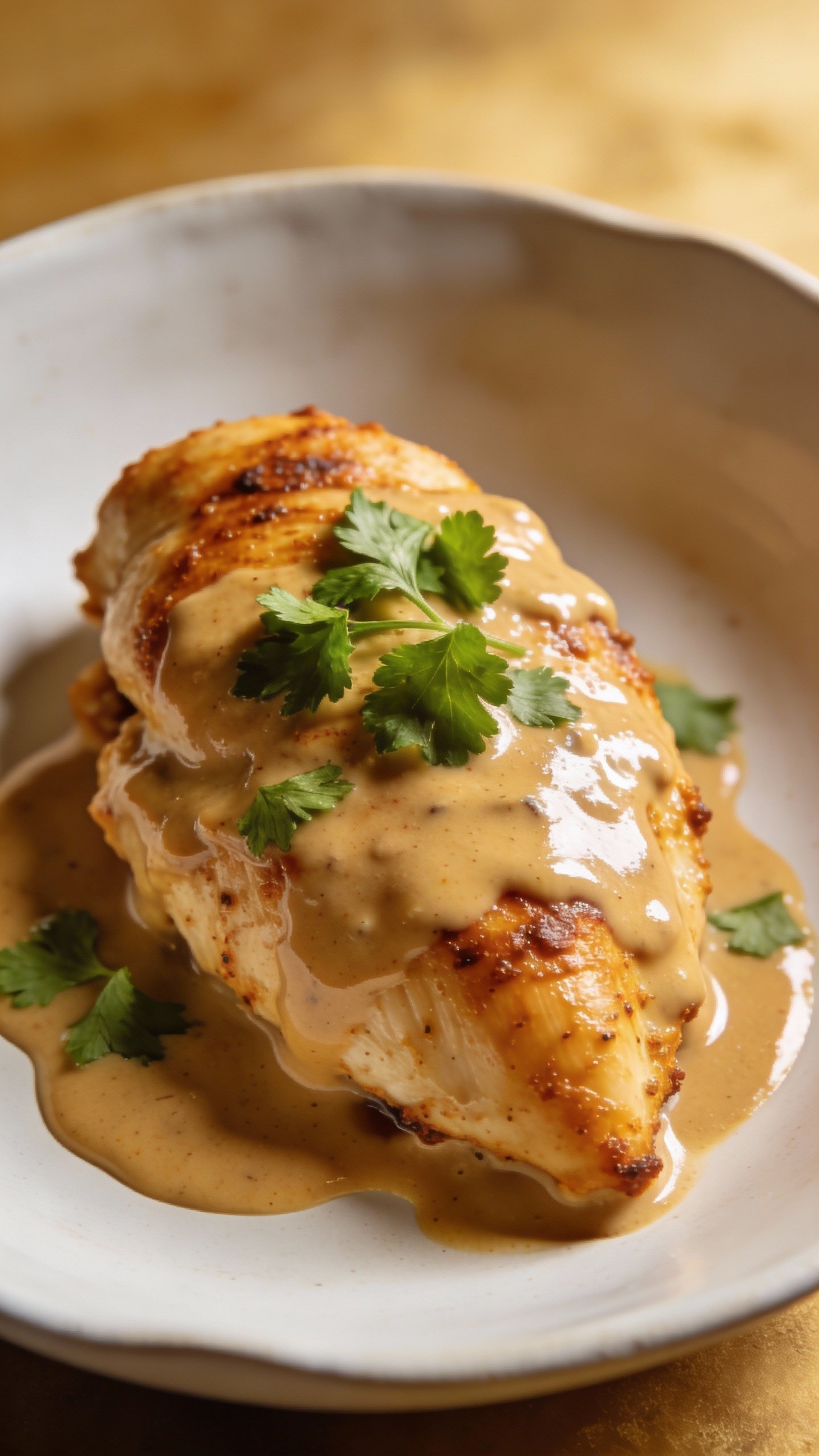 Single plated creamy Cajun chicken with parsley garnish