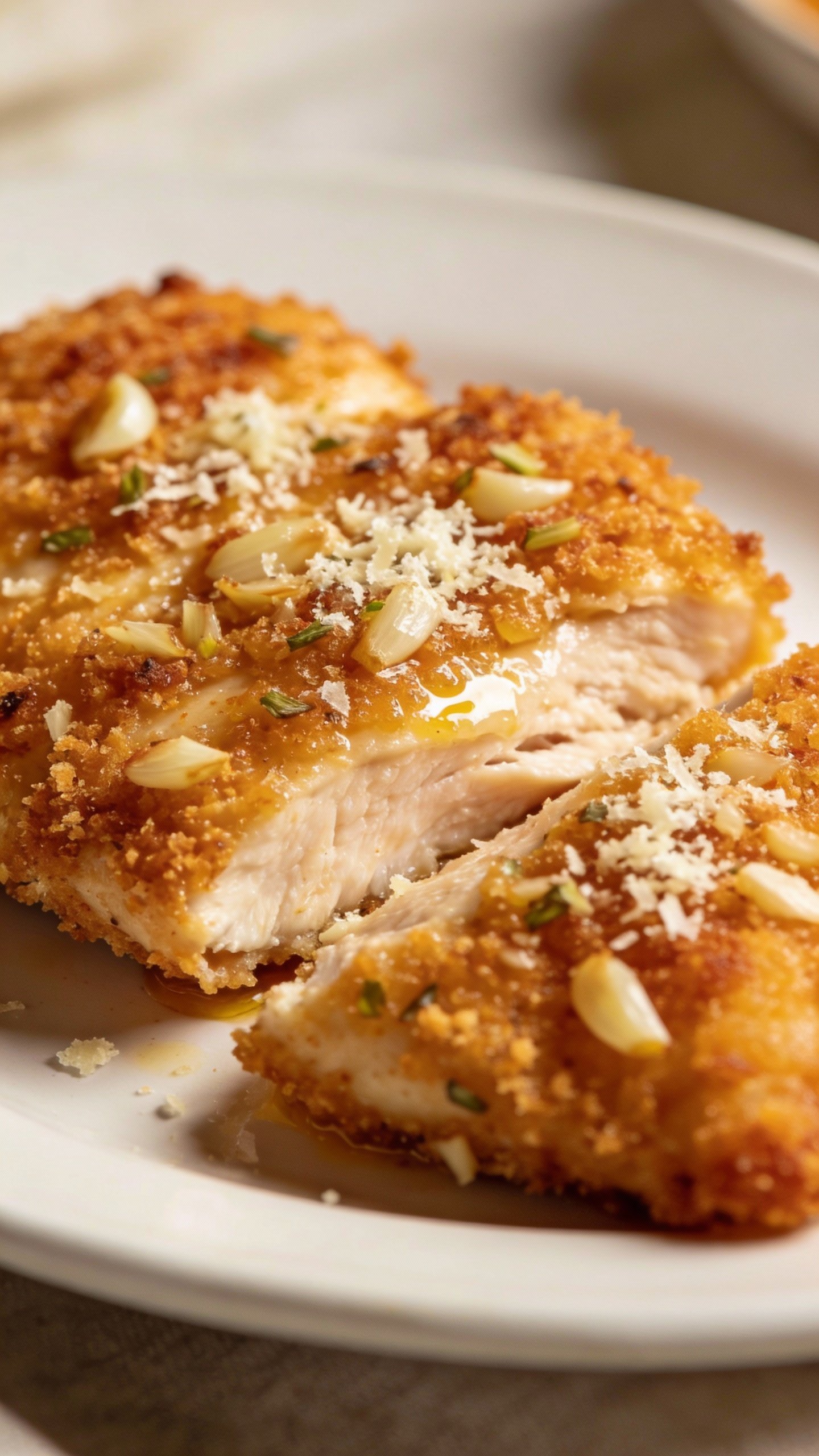 closeup garlic parmesan chicken cutlet on white plate