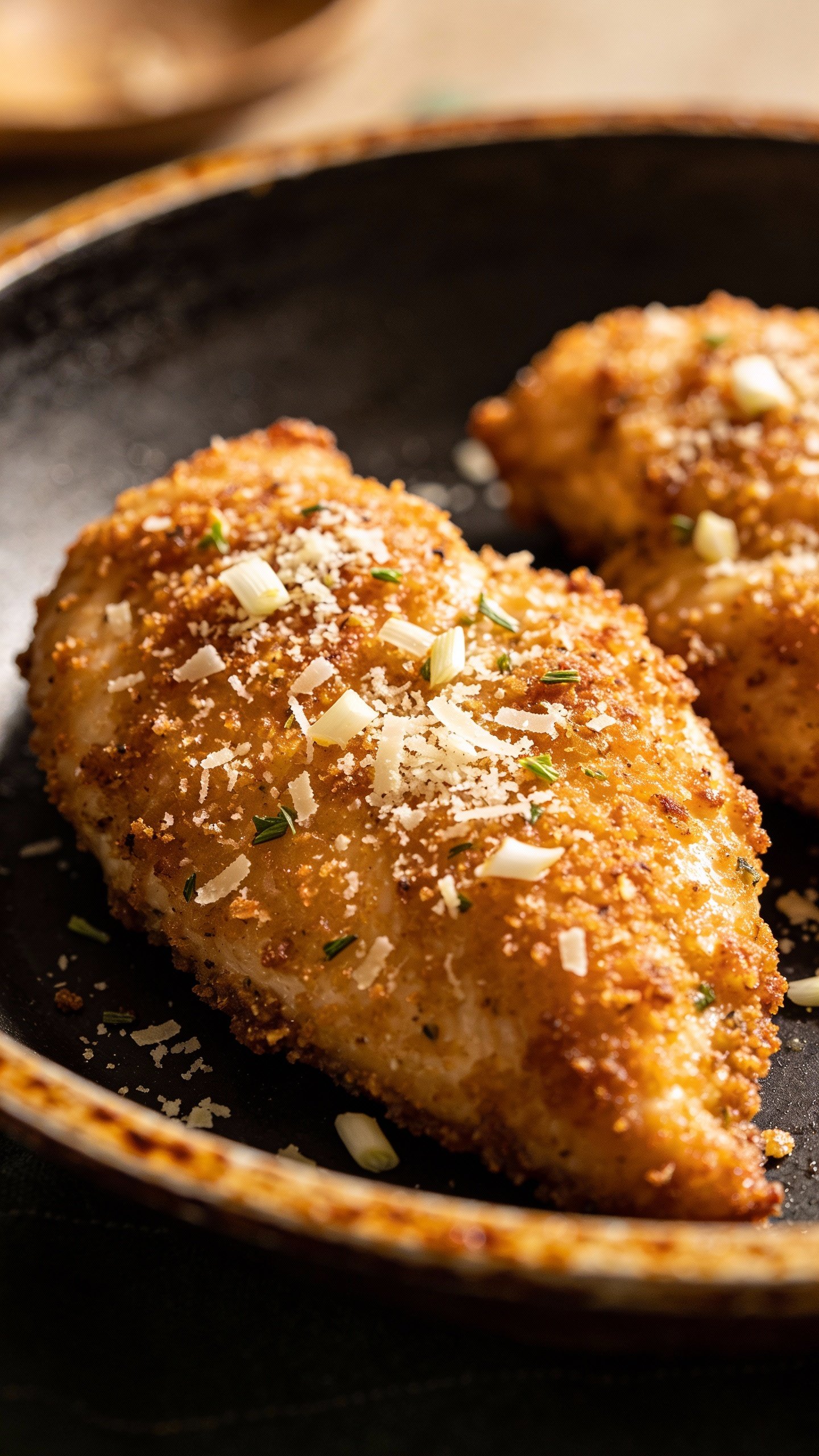 skillet-fried garlic parmesan chicken breast, golden crust