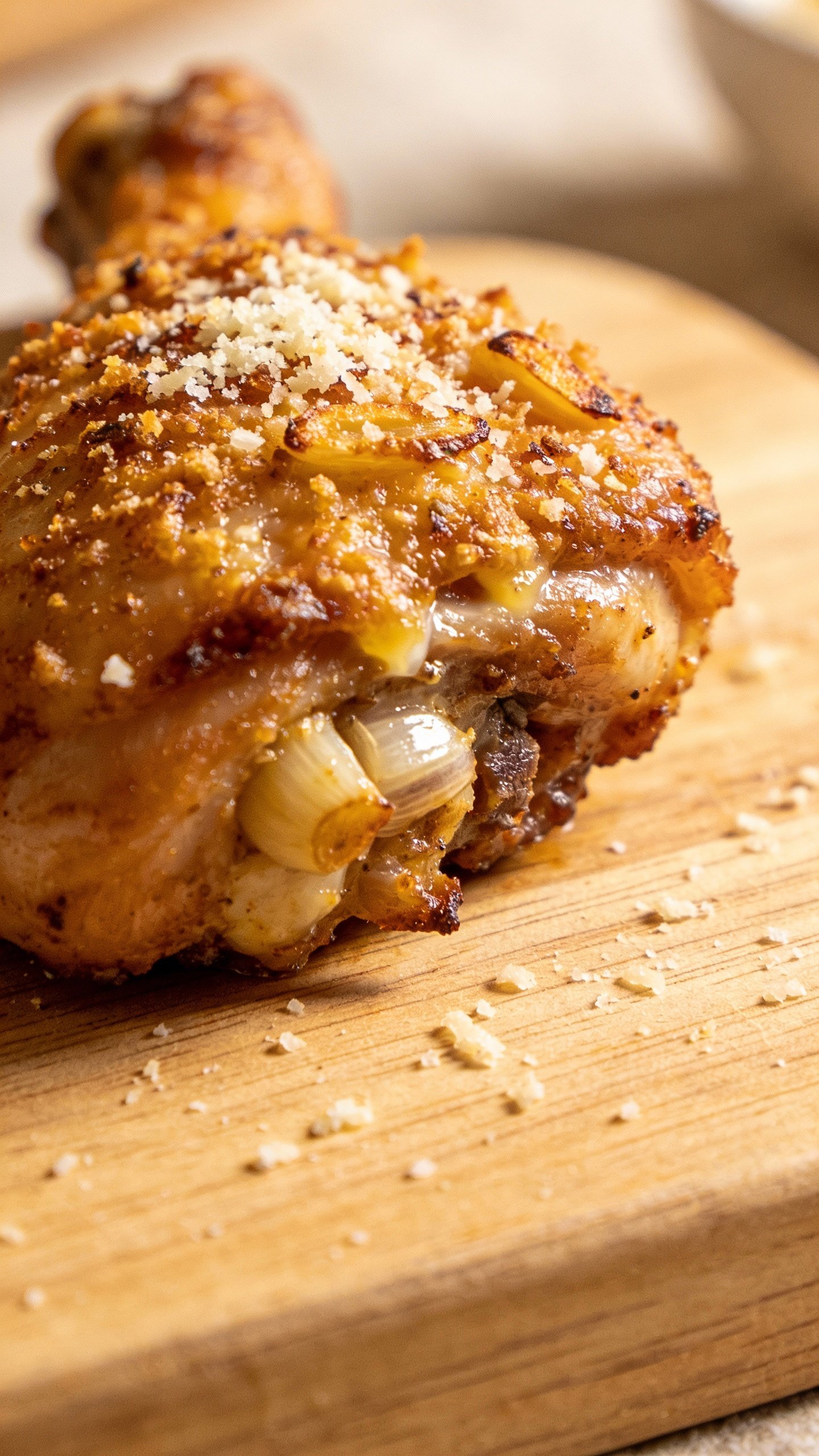 air-fried garlic parmesan chicken thigh on wooden board