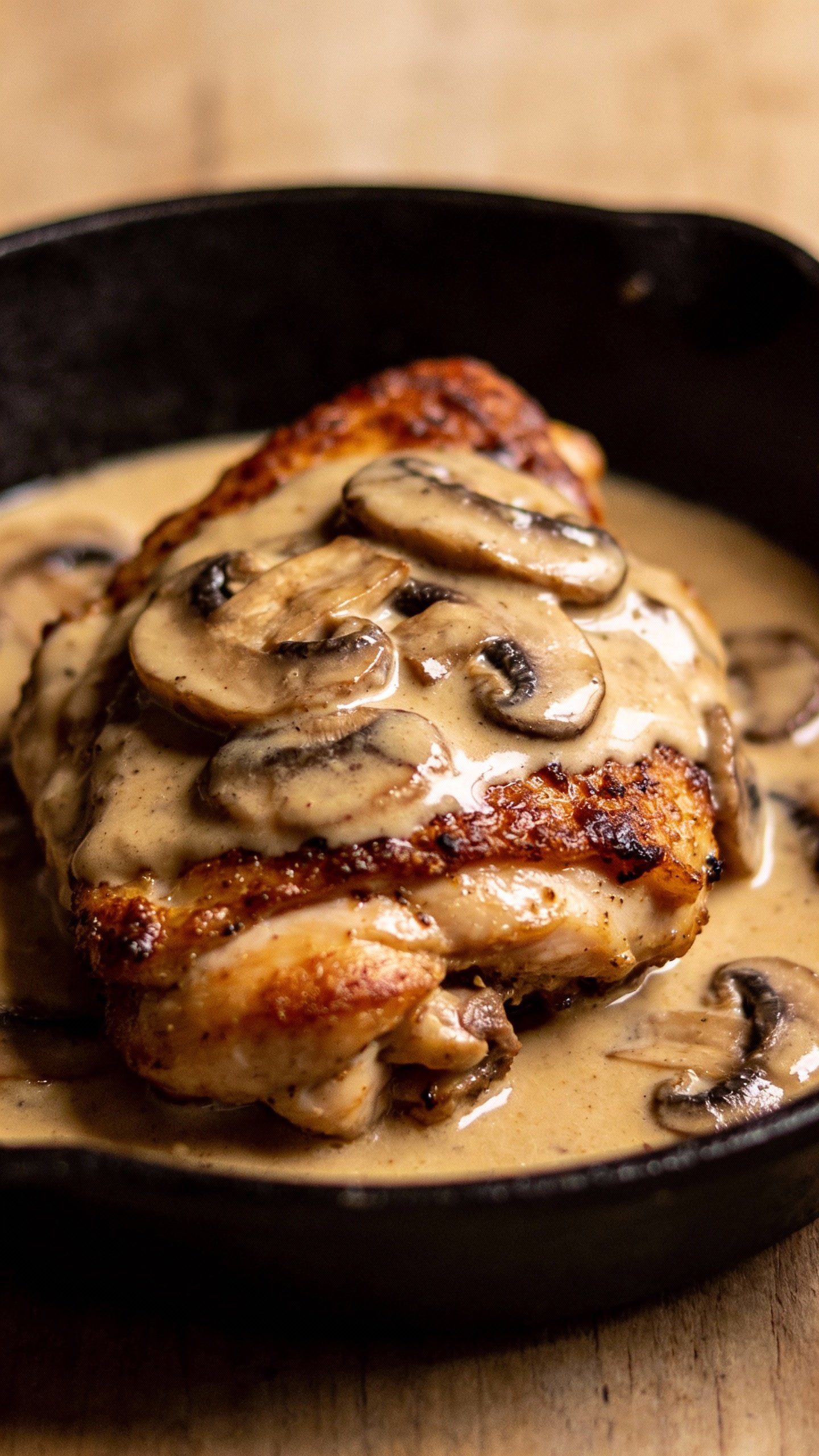 closeup skillet-seared chicken thigh with creamy mushroom sauce