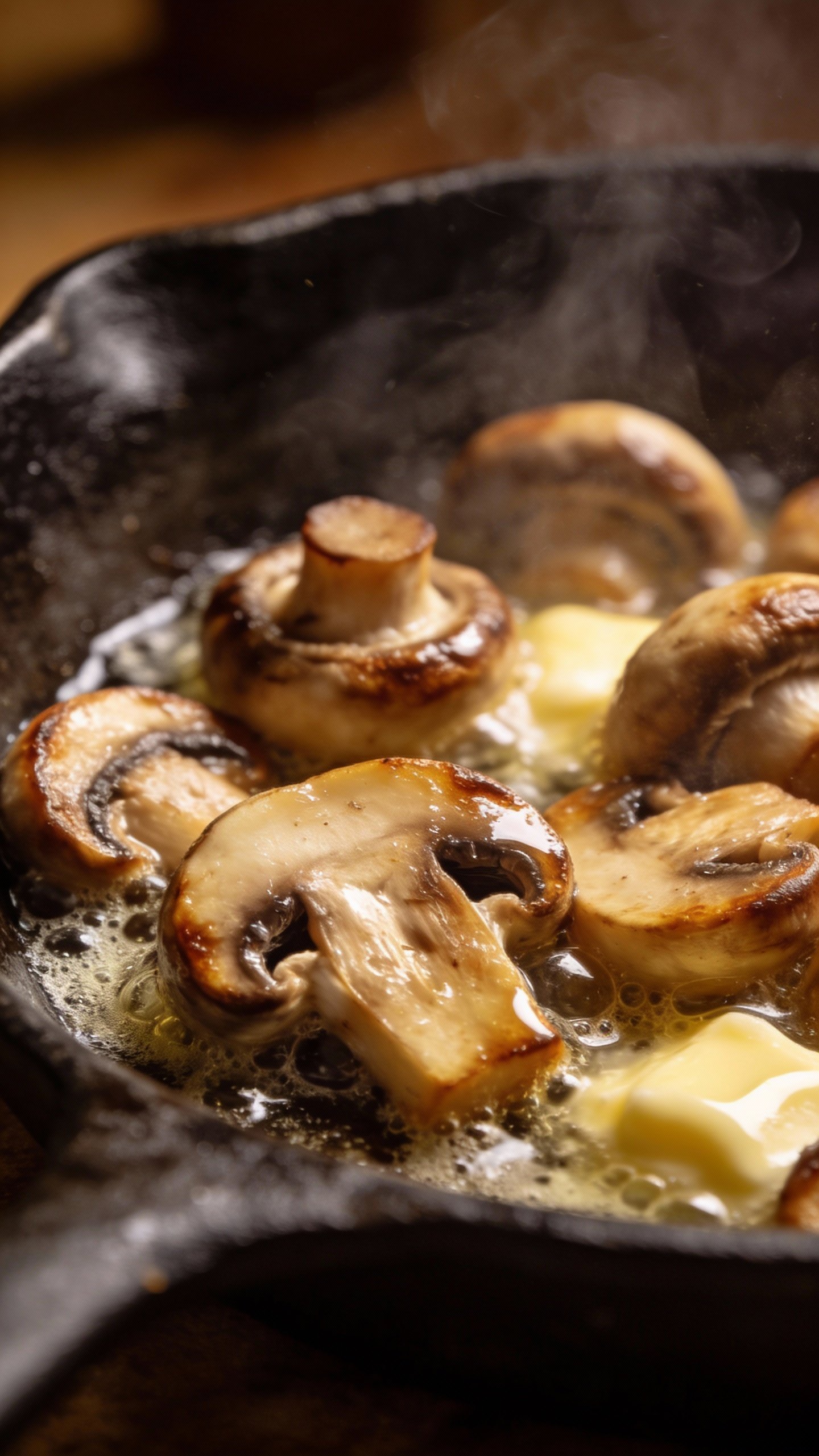 sautéed cremini mushrooms in butter, closeup in cast-iron pan