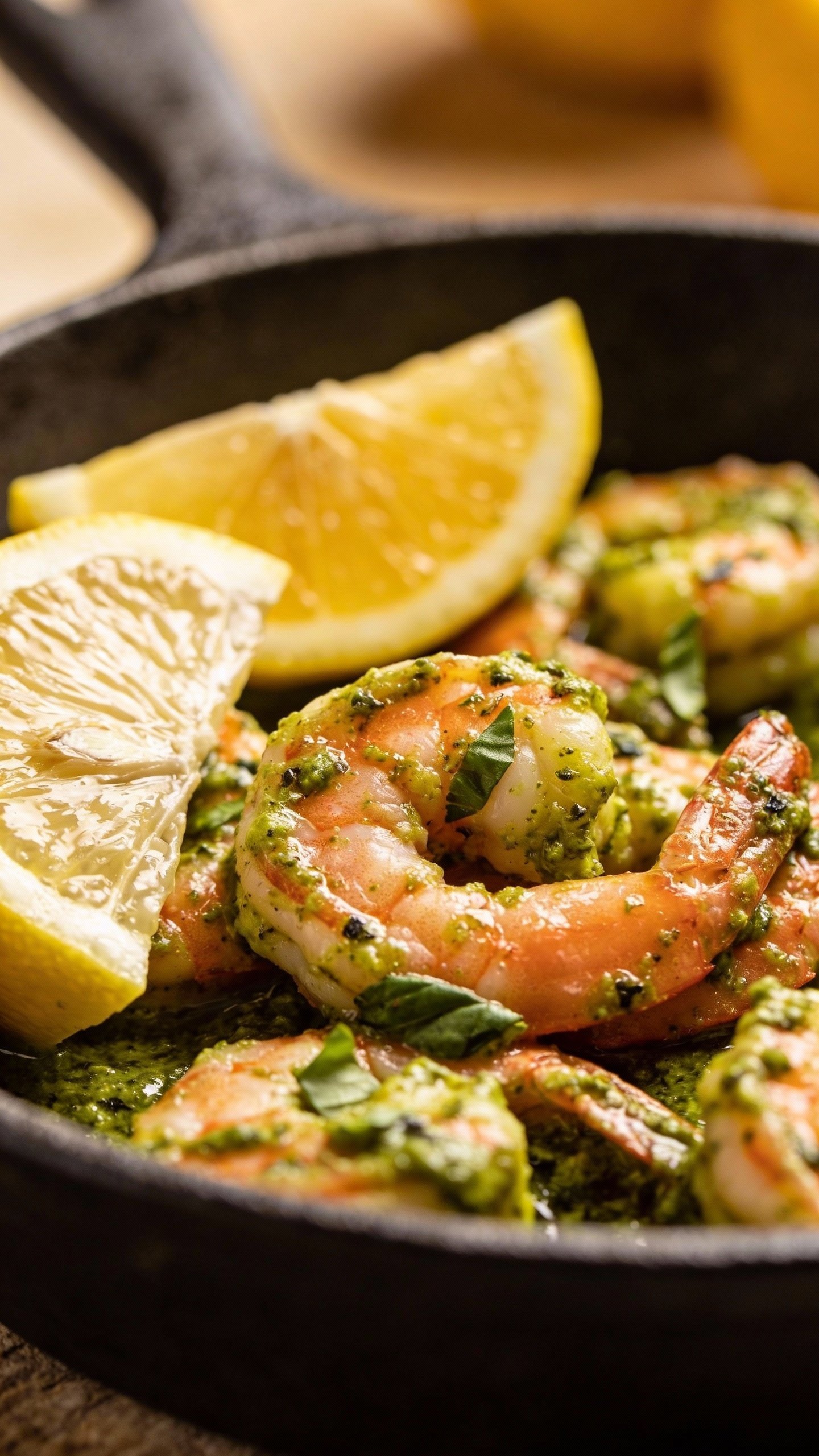 closeup skillet of pesto shrimp with lemon wedges