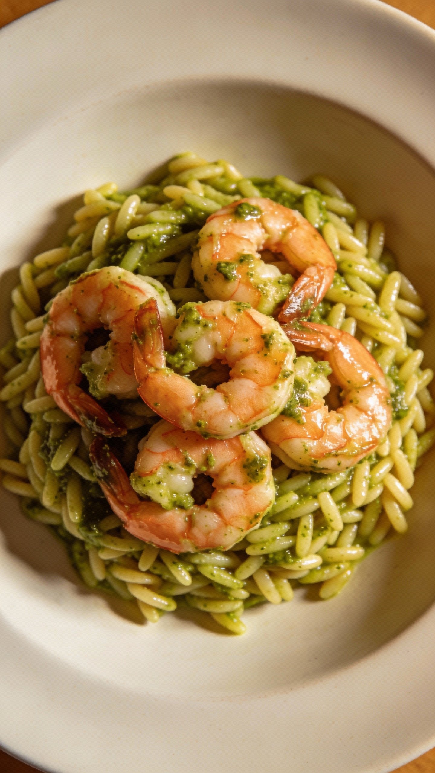 single plate of pesto shrimp over orzo, overhead