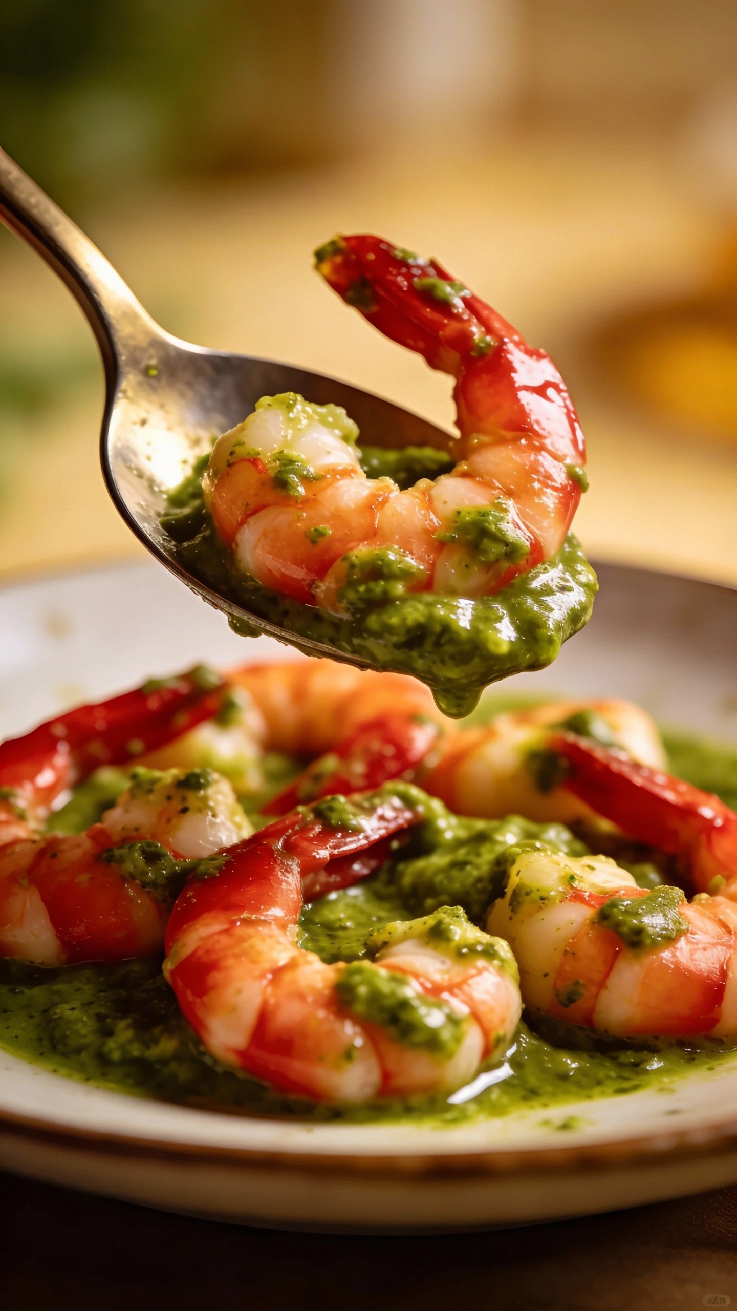 spoonful of glossy pesto-coated shrimp, shallow depth of field