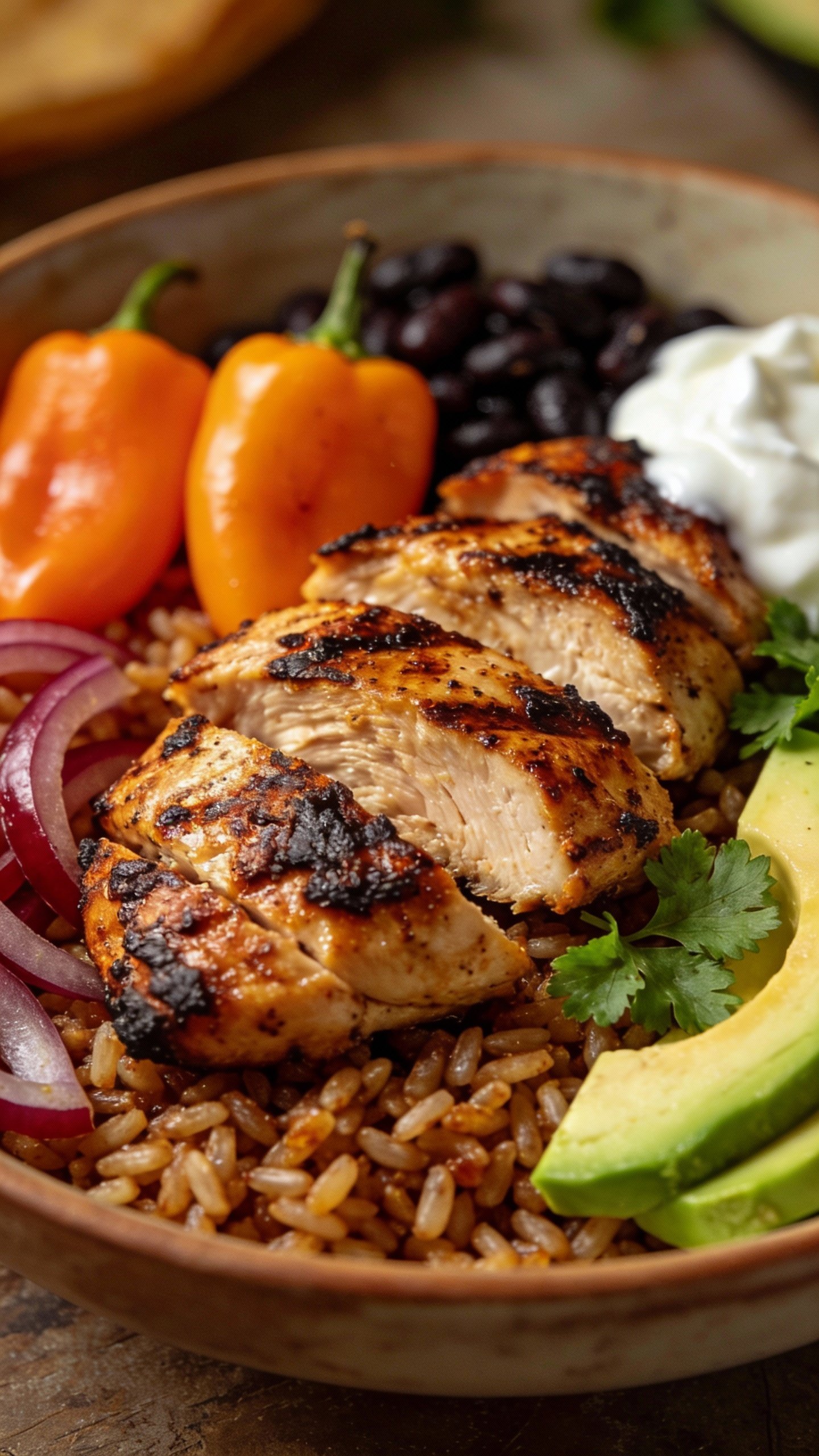 closeup Southwest protein bowl with smoky grilled chicken