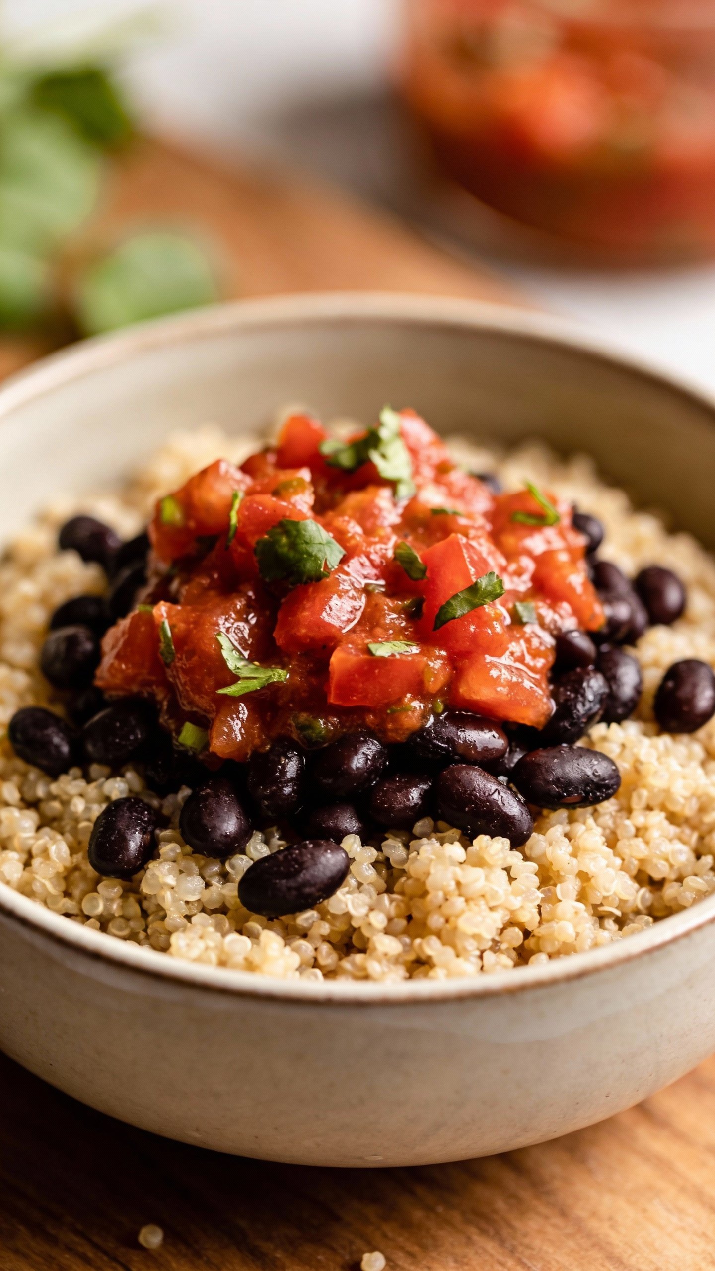 single bowl of quinoa base with black beans and salsa