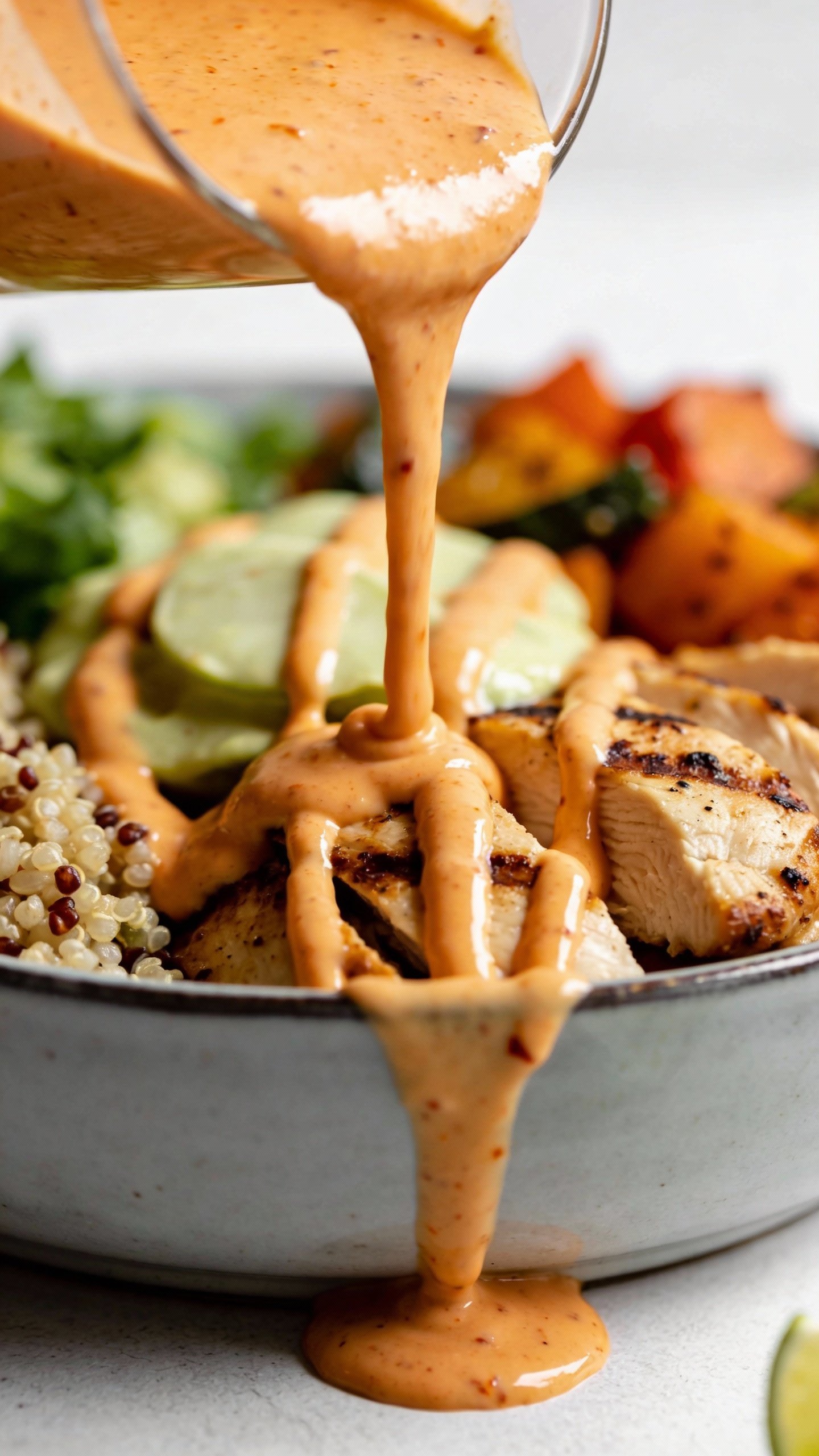 closeup tangy chipotle-lime crema drizzled on protein bowl