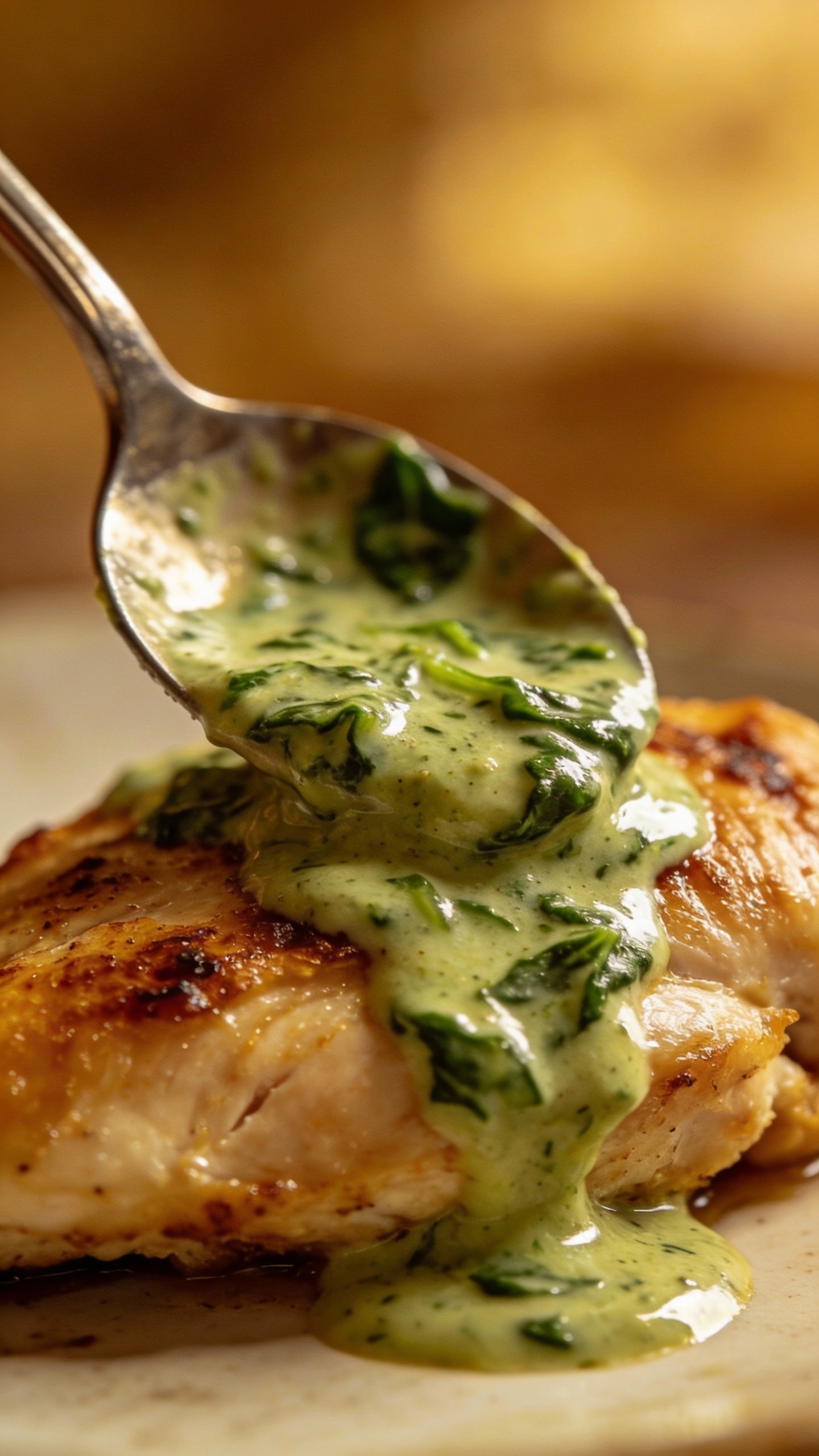 spoonful of velvety spinach cream sauce over chicken