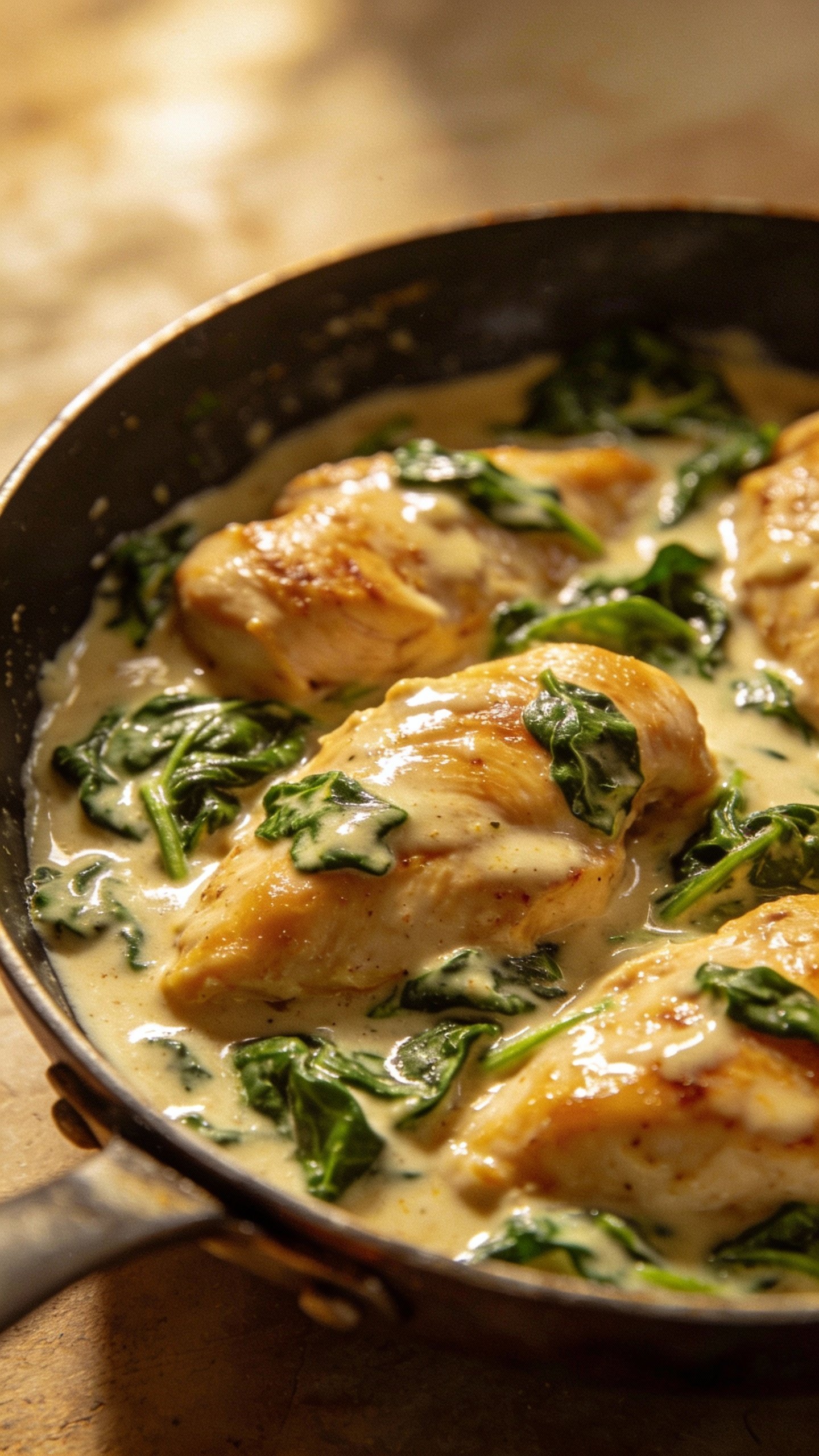 single skillet of creamy spinach chicken, overhead closeup