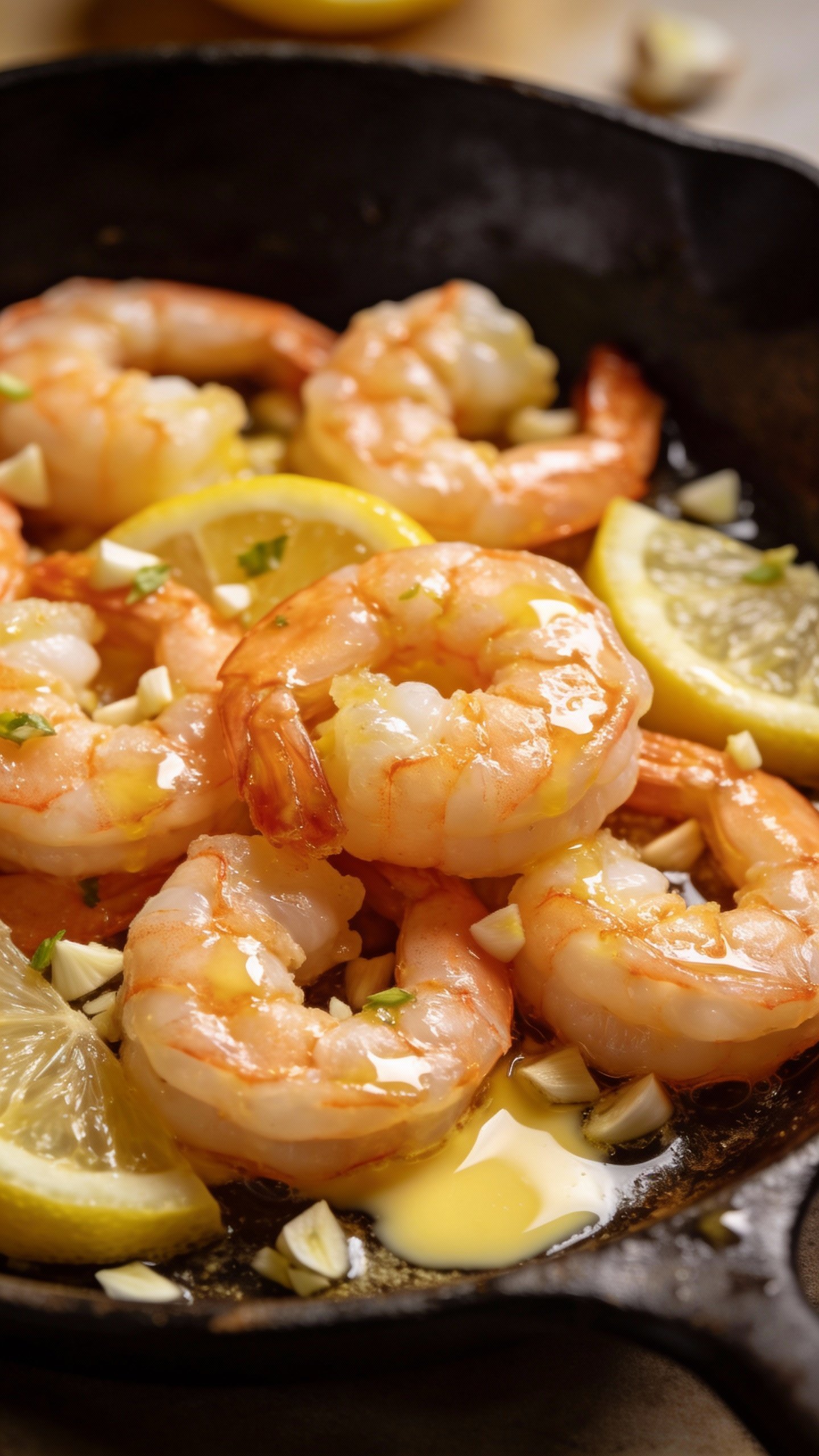 closeup skillet of lemon garlic shrimp with butter glaze