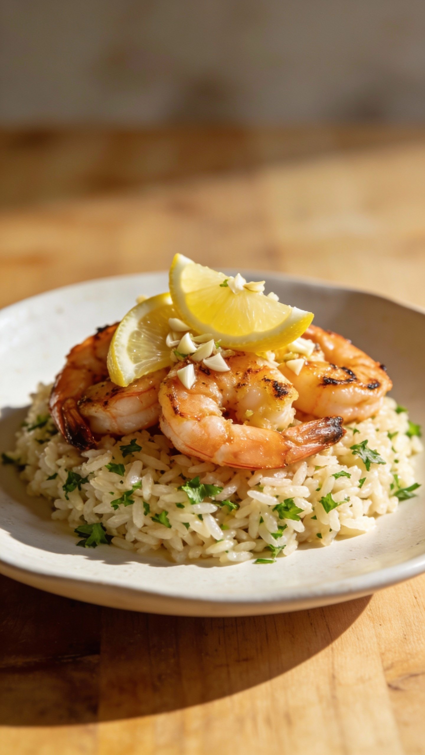 single plate of lemon garlic shrimp over parsley rice