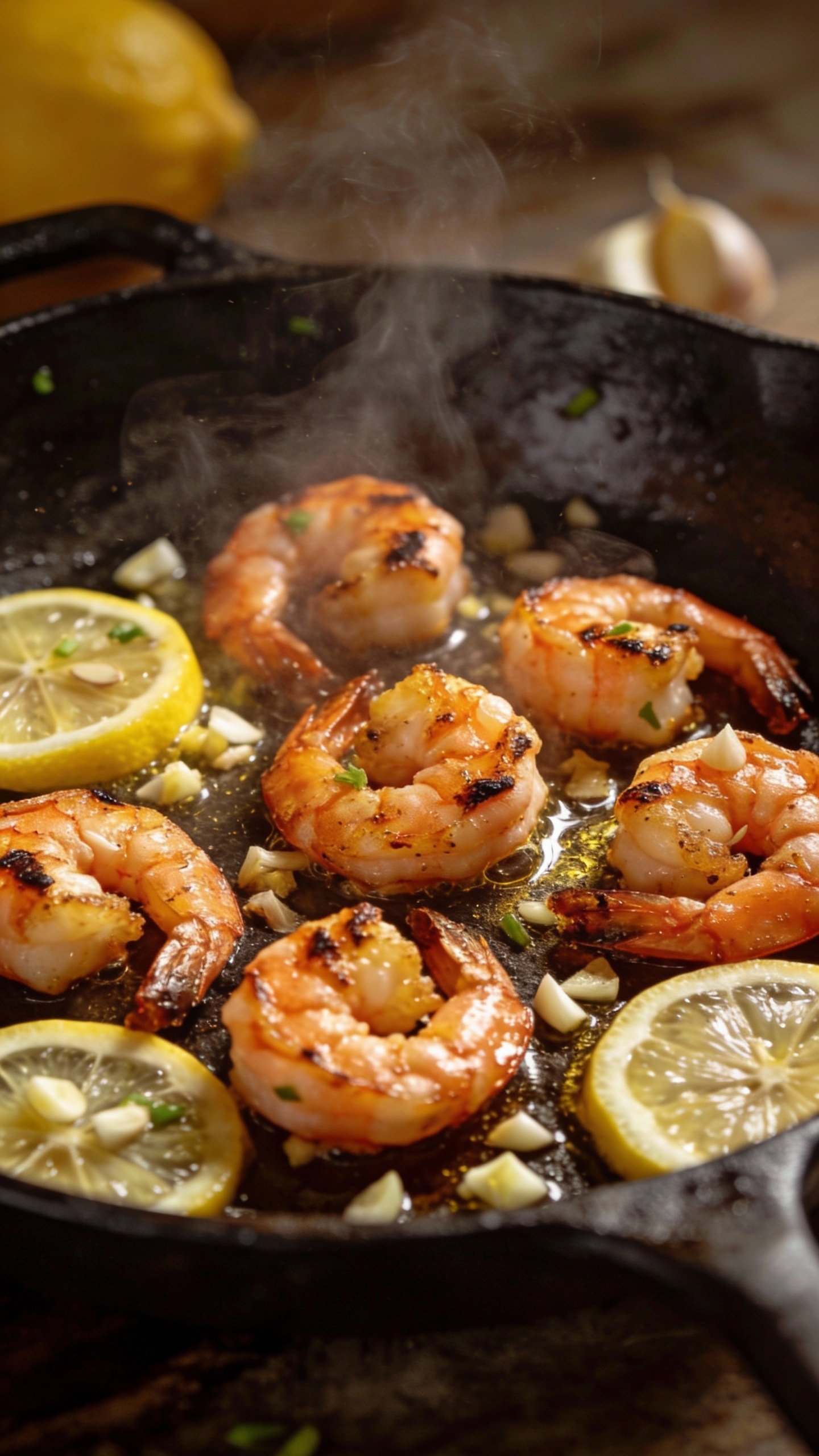 seared lemon garlic shrimp on cast-iron pan, sizzling steam