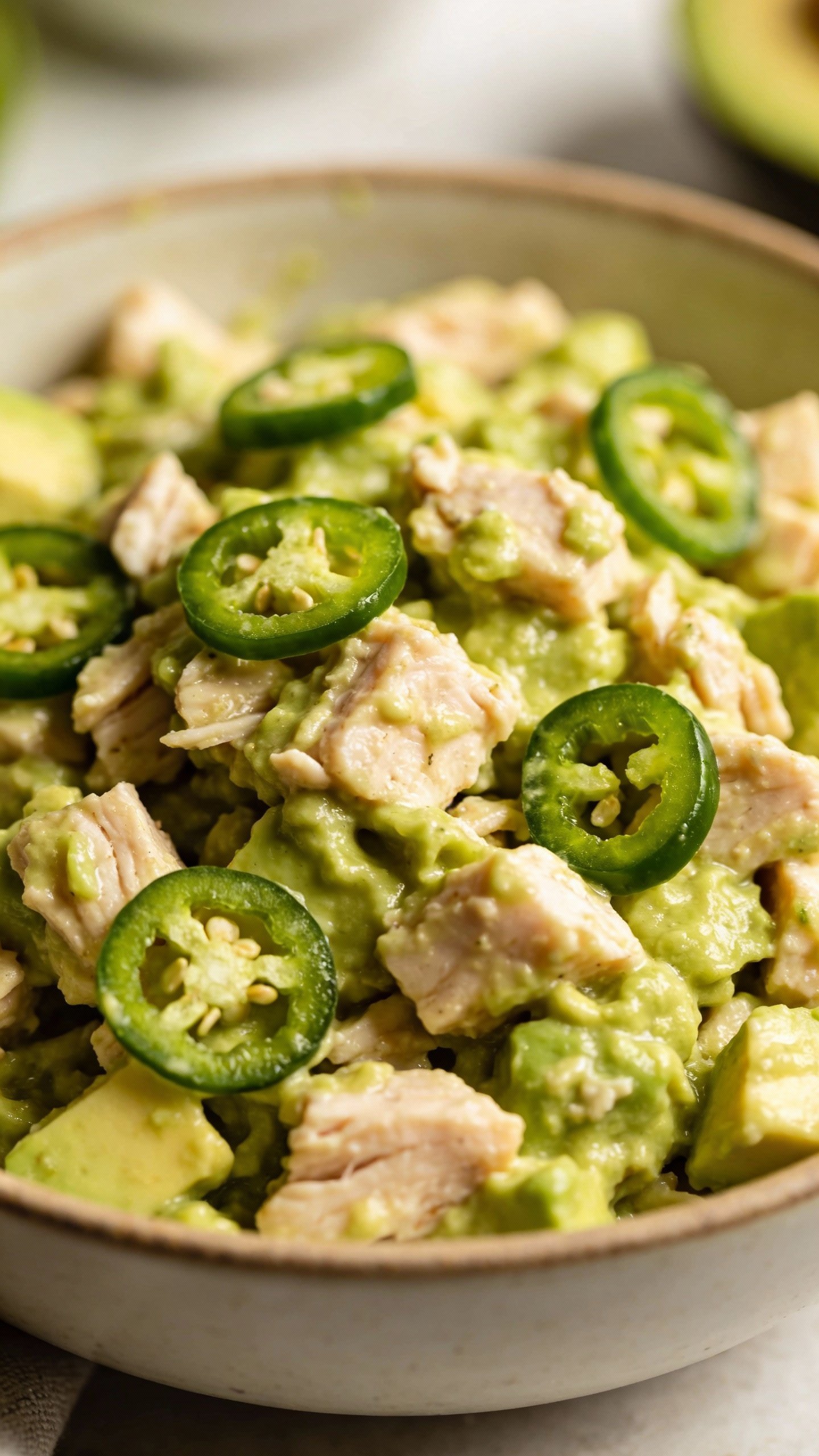 closeup bowl of avocado chicken salad with jalapeño slices