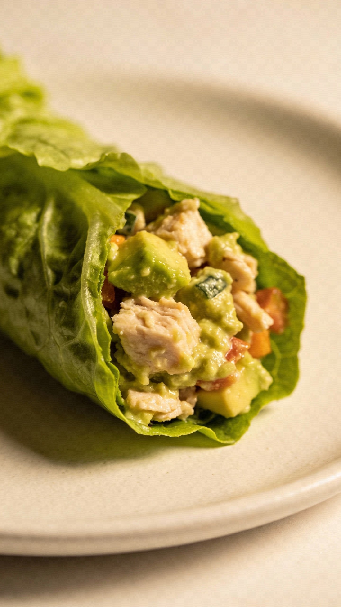 single avocado chicken salad lettuce wrap on white plate