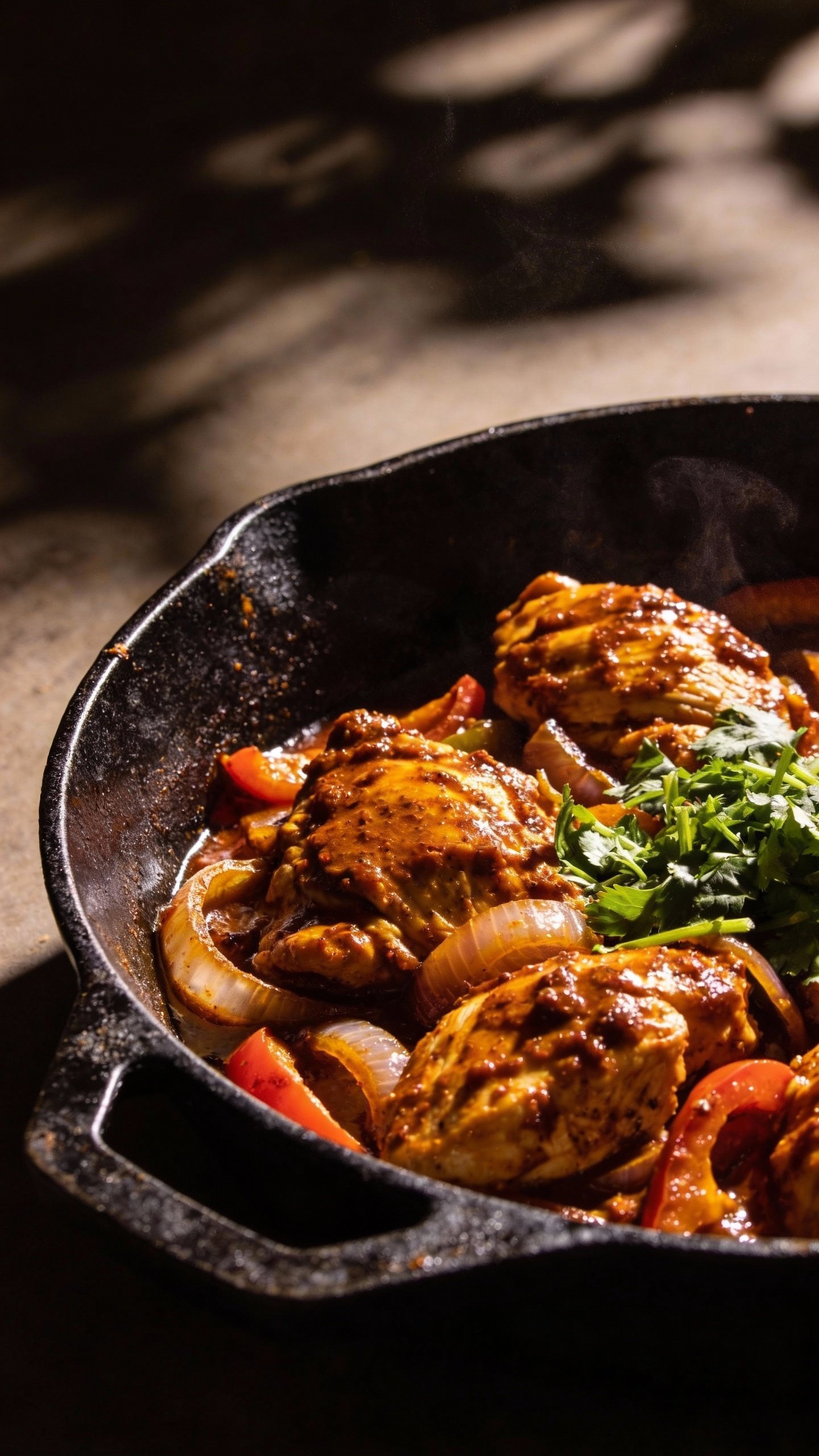 closeup chipotle chicken skillet in cast iron, moody lighting