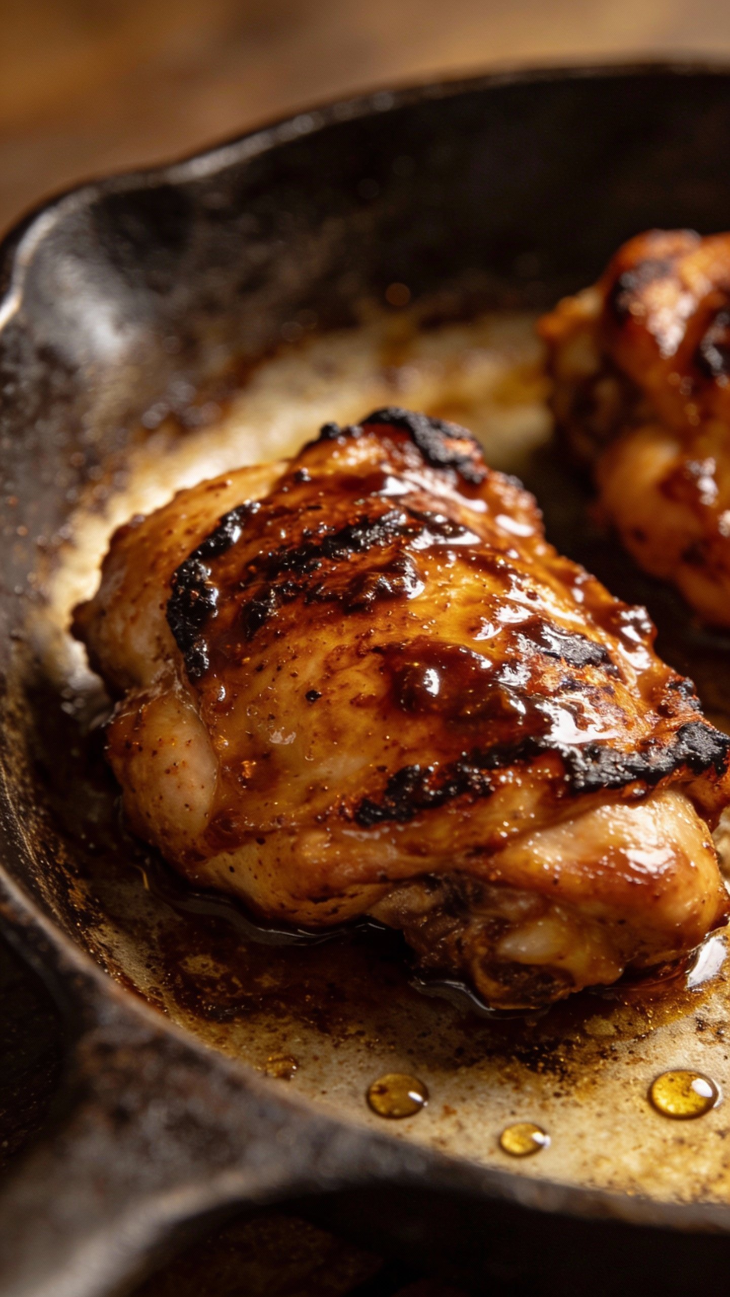 seared chicken thigh glazed with chipotle adobo, on skillet