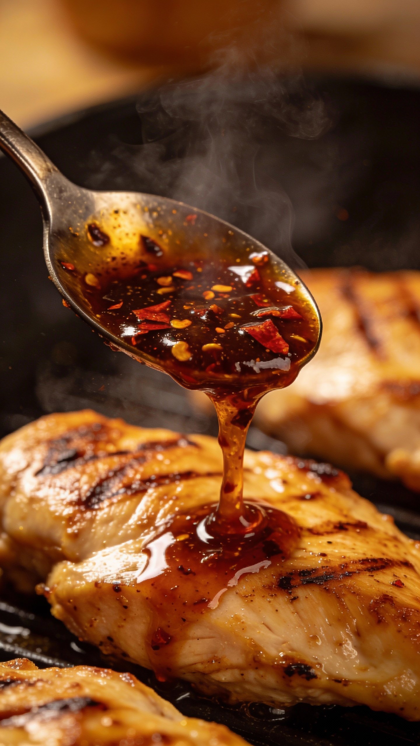 spoonful of smoky chipotle sauce over sizzling chicken, closeup