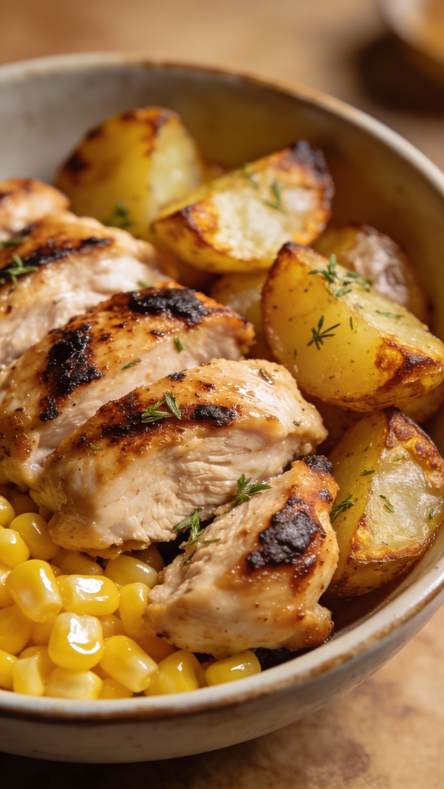 closeup steakhouse chicken bowl with roasted potatoes and corn