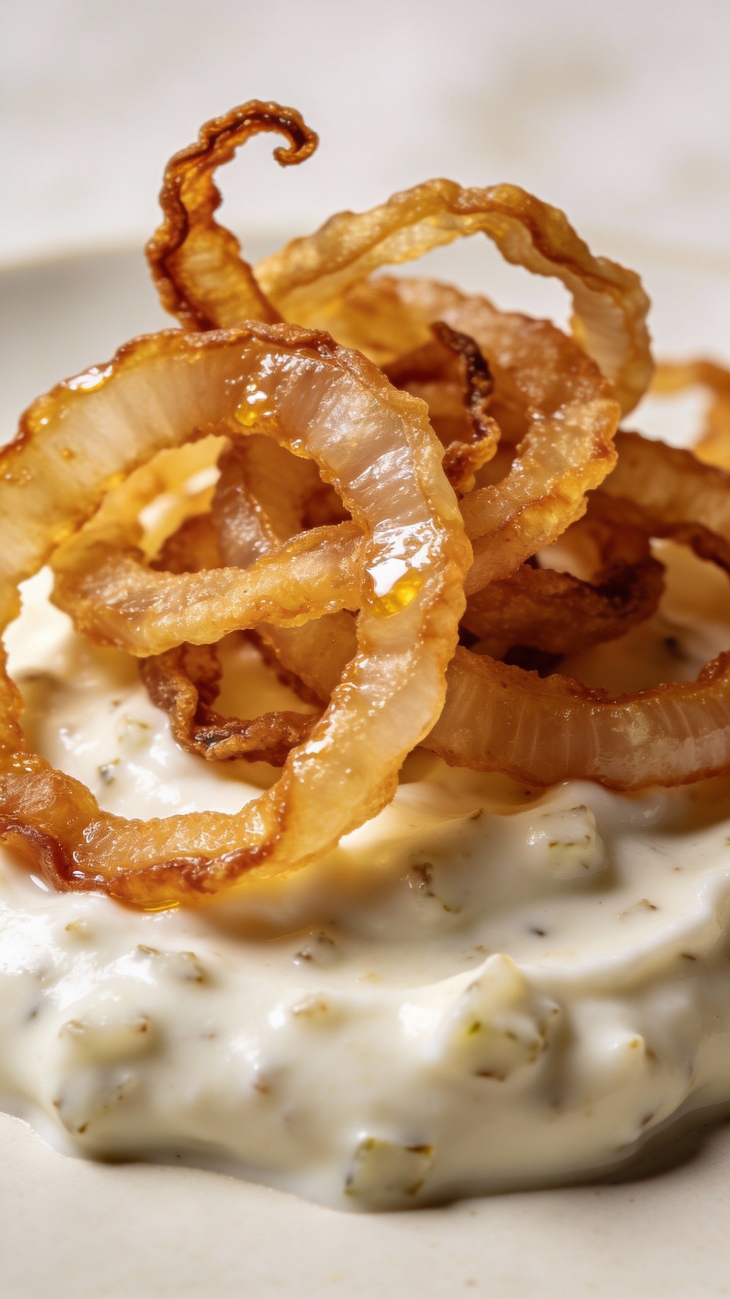 crispy fried onions atop creamy horseradish sauce, studio closeup