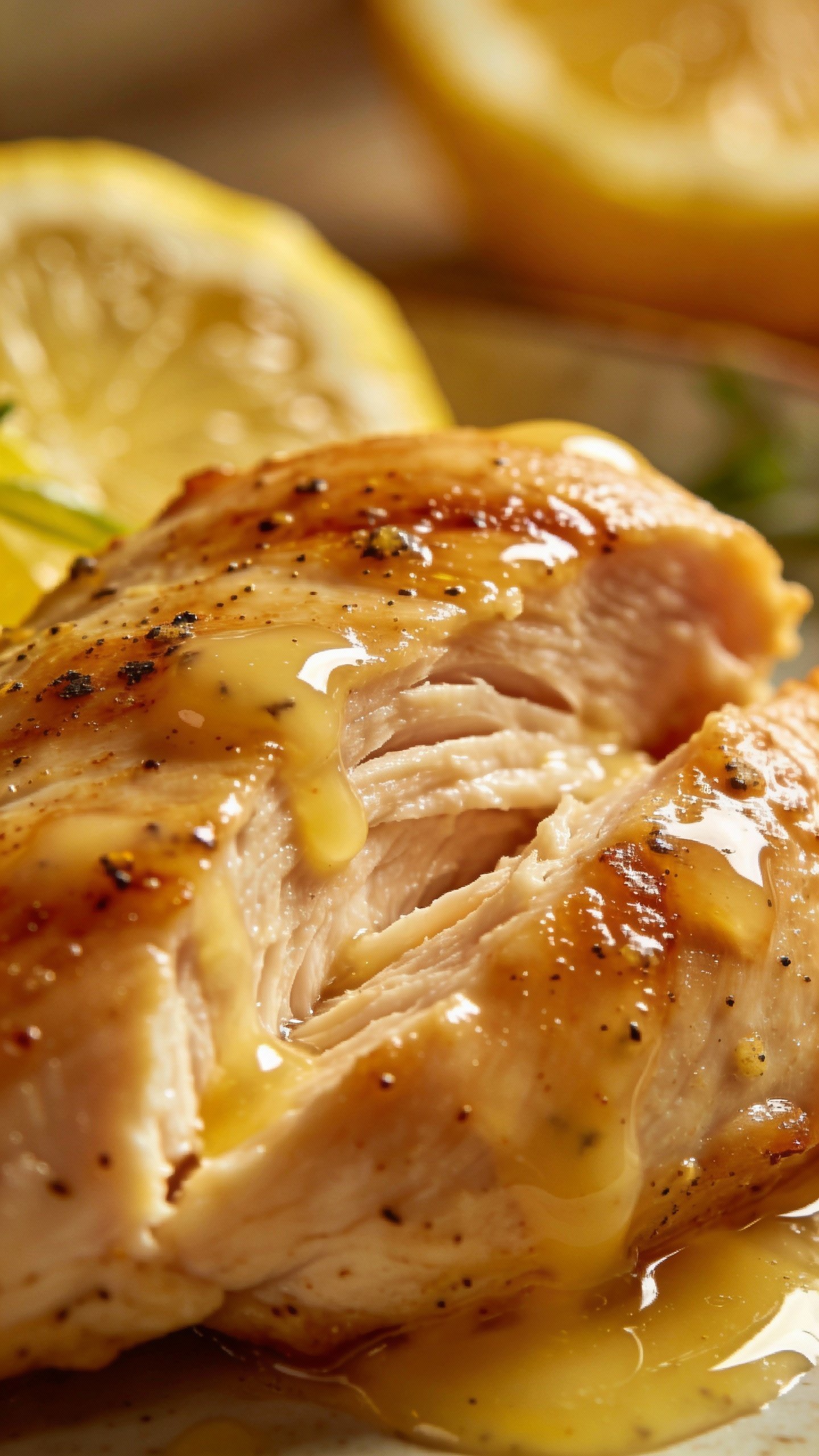 closeup of lemon pepper chicken breast with glossy butter glaze