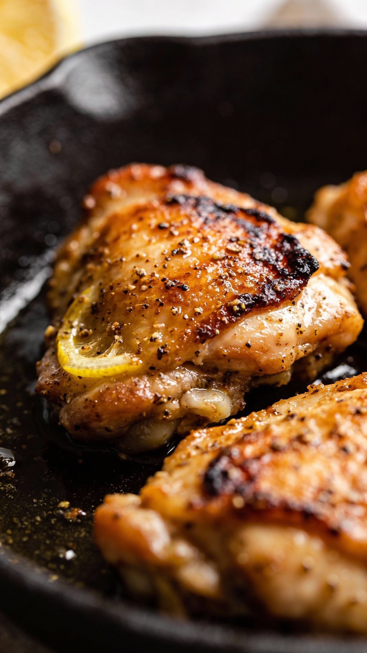 cast-iron seared lemon pepper chicken thigh, charred edges, macro
