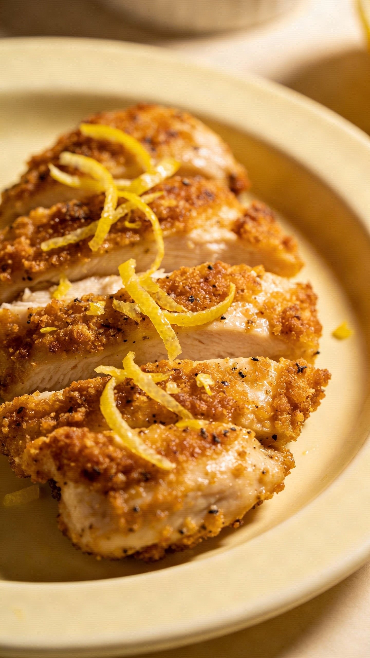 single plate of lemon pepper chicken with lemon zest garnish