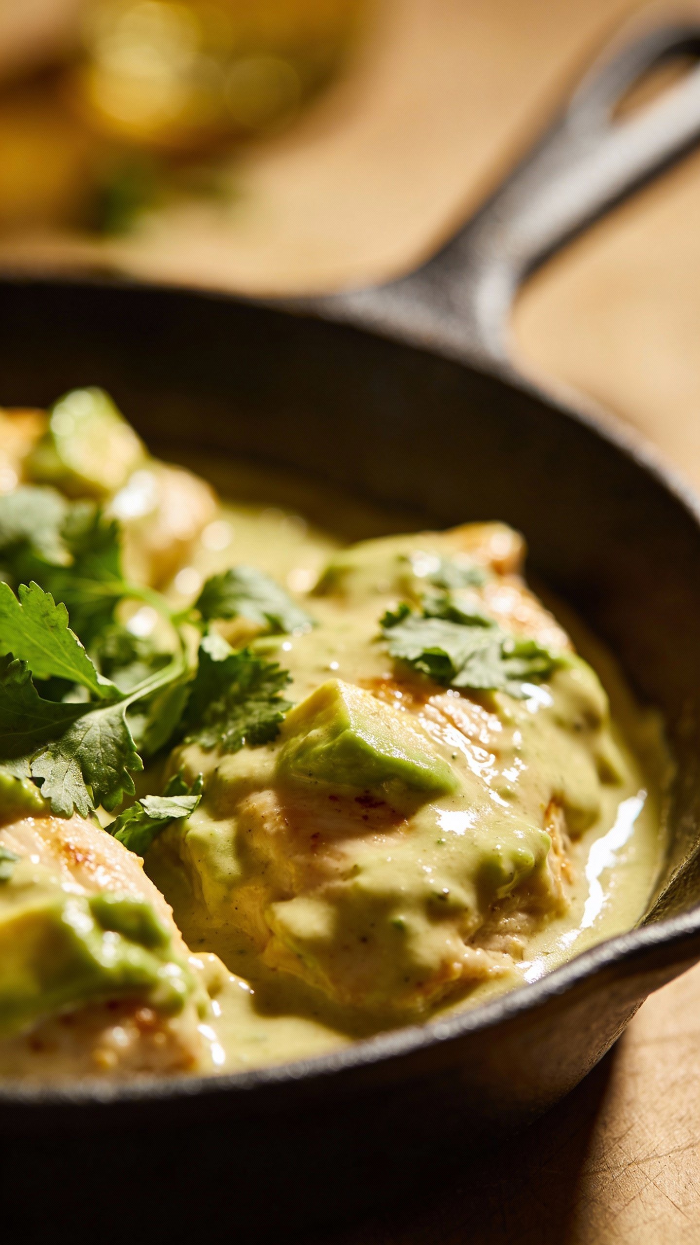 closeup skillet of creamy avocado chicken, cilantro garnish