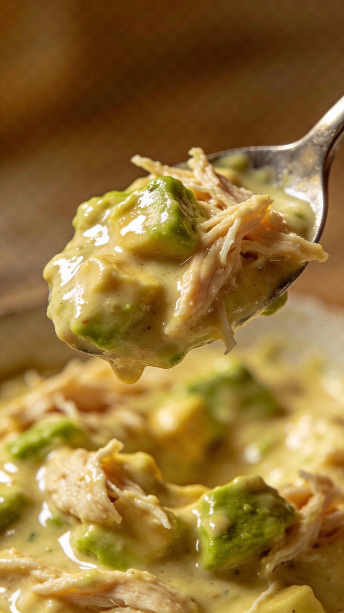 spoonful of creamy avocado chicken sauce, glossy closeup