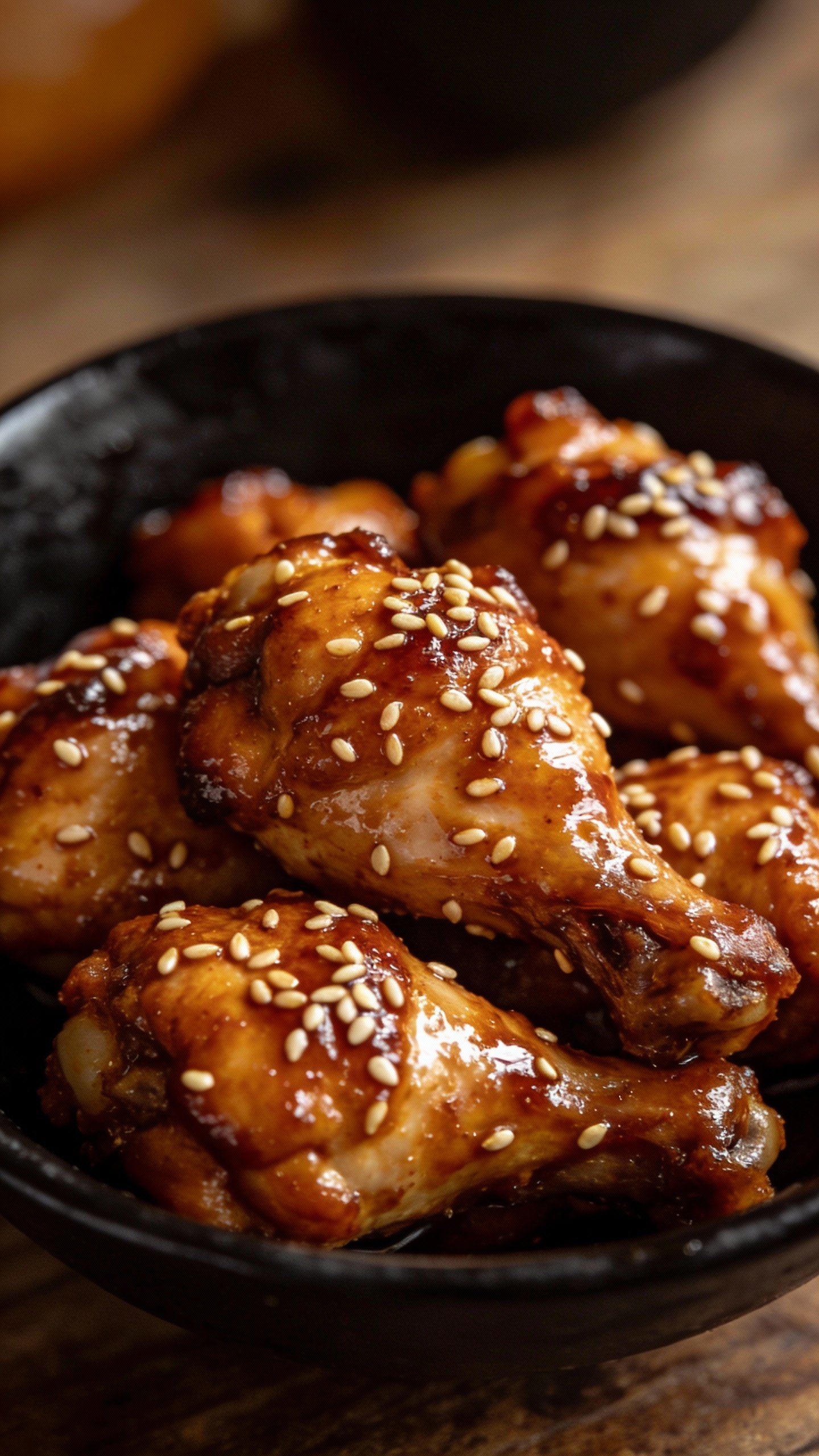 glossy sesame-glazed chicken thigh pieces, black bowl
