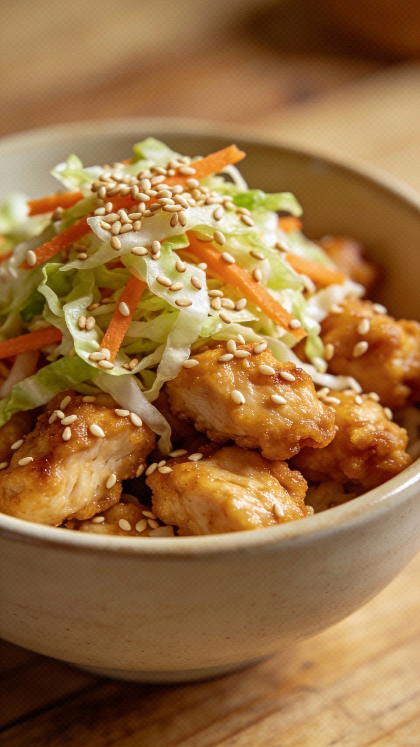 crunchy sesame slaw topping a sesame chicken bowl