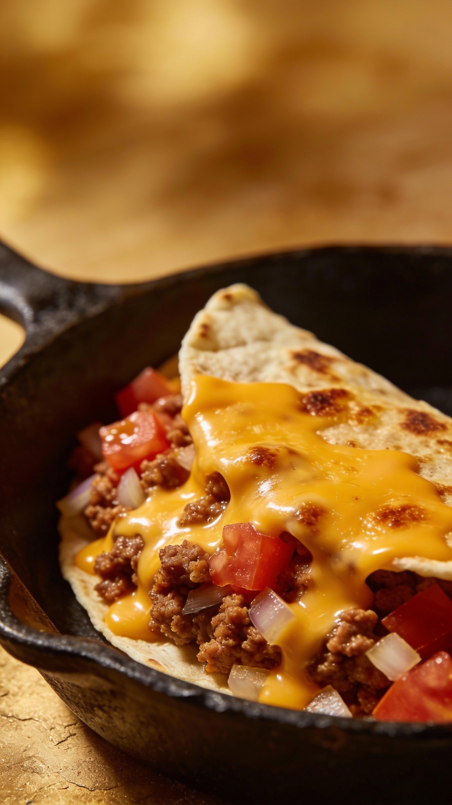 closeup cast-iron skillet taco filling with melted cheddar